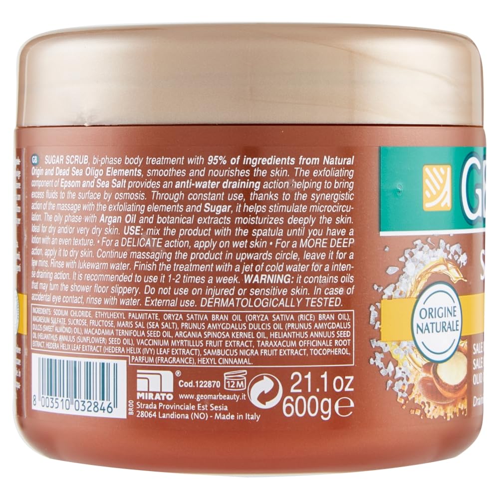 GEOMAR | Sugar Scrub Corpo Drenante, Con Sale Marino, Sale di Epsom, Olio di Argan ed estratti di Zucchero e Tarassaco, 95% di Origine Naturale, Made in Italy, 600 g