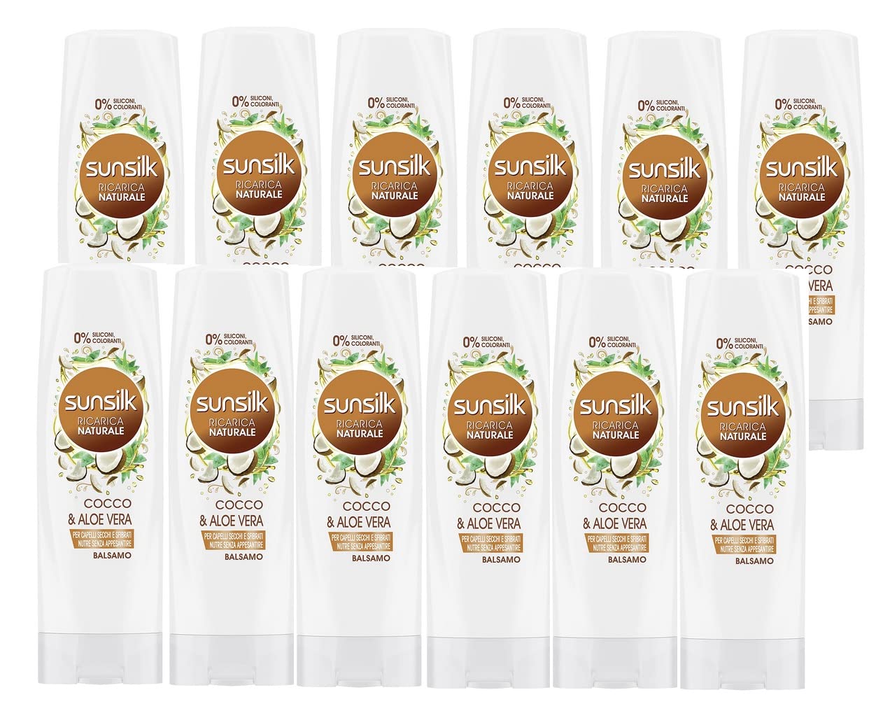 Sunsilk Ricarica Naturale Balsamo Potere Anti-Doppie Punte Cocco&Aloe Vera per Capelli Secchi, Maxiformato, 12 pezzi da 200 ml