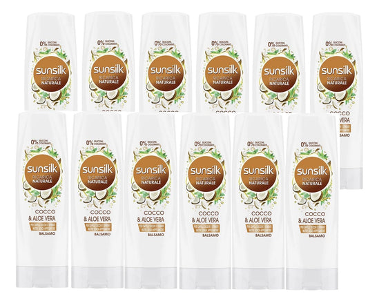 Sunsilk Ricarica Naturale Balsamo Potere Anti-Doppie Punte Cocco&Aloe Vera per Capelli Secchi, Maxiformato, 12 pezzi da 200 ml