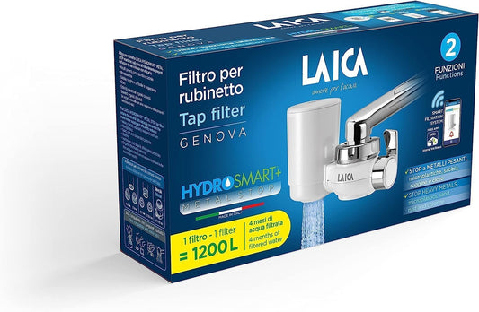 LAICA R20A Filtro rubinetto GENOVA, con sistema filtrante HYDROSMART+ METAL STOP, 1200 L di Acqua Filtrata, Adattatori per rubinetto inclusi, Made in Italy, Bianco/Cromato