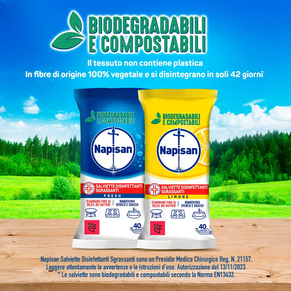 Napisan Salviette Disinfettanti Sgrassanti al Limone, Confezione da 8 Pacchi x 40 Salviette Disinfettanti Biodegradabili e Compostabili Multisuperfici