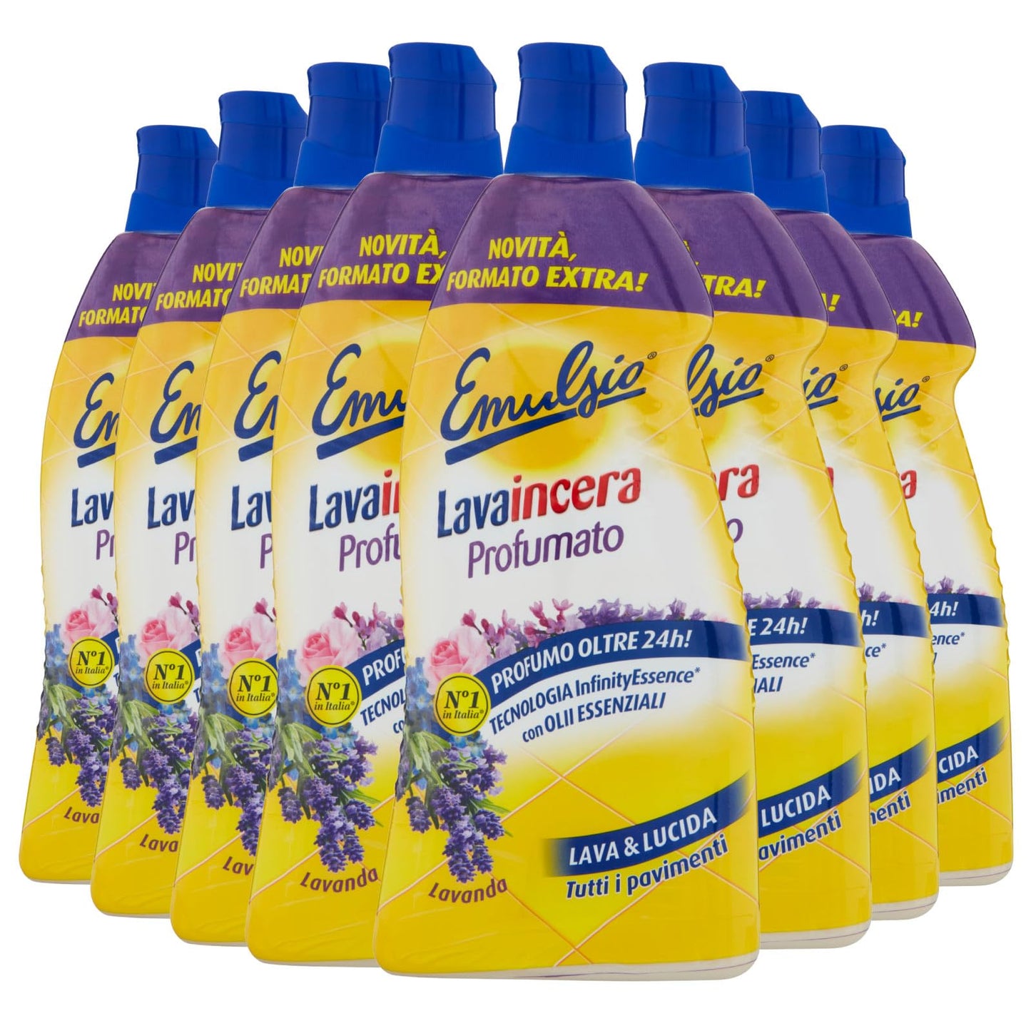 Emulsio Lavaincera Profumato Detergente Lava e Lucida Pavimenti in Marmo Ceramica Cotto Graniglia con Cera di Carnuaba e Oli Essenziali alla Lavanda - 8 Flaconi da 950ml ognuno