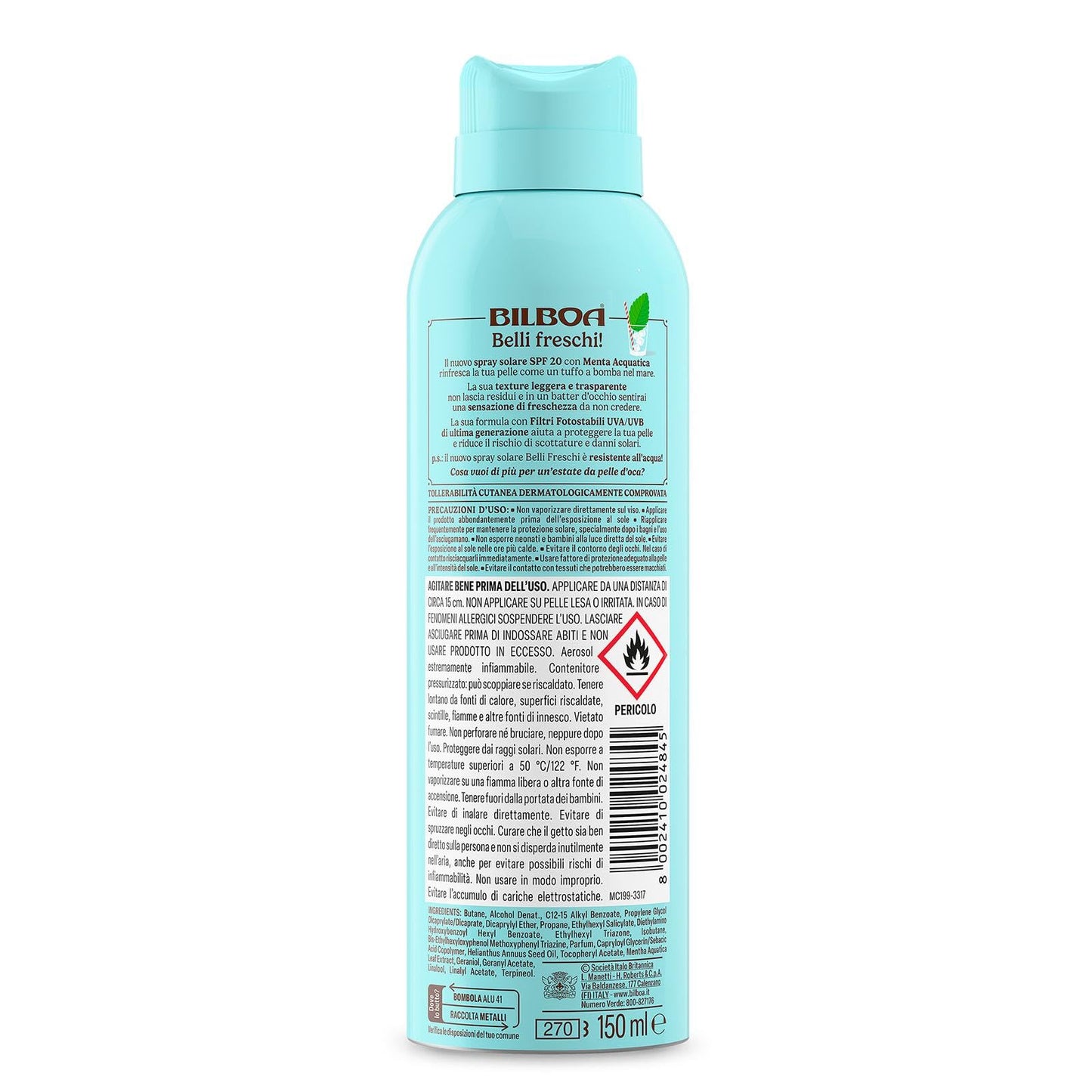 Bilboa Belli Freschi c SPF 20,con Menta Acquatica, La Freschezza sulla Pelle è Servita, Resistente all'Acqua, Dermatologicamente Testata, 150 ml