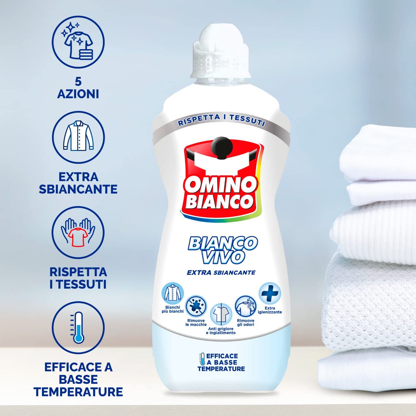 Omino Bianco - Additivo Lavatrice Bianco Vivo 5 Azioni in 1 per Bucato, Extra Smacchiante e Igienizzante, 900ml x 4 Pezzi
