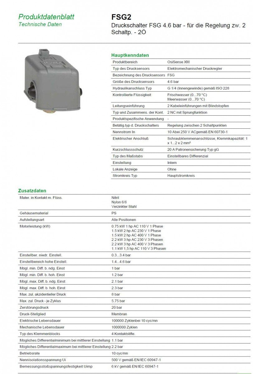 Telemecanique Sensors, FSG2, switch a pressione, serie FSG, regolabile, 2 soglie, interruttore a 2 contatti, 4,6 bar