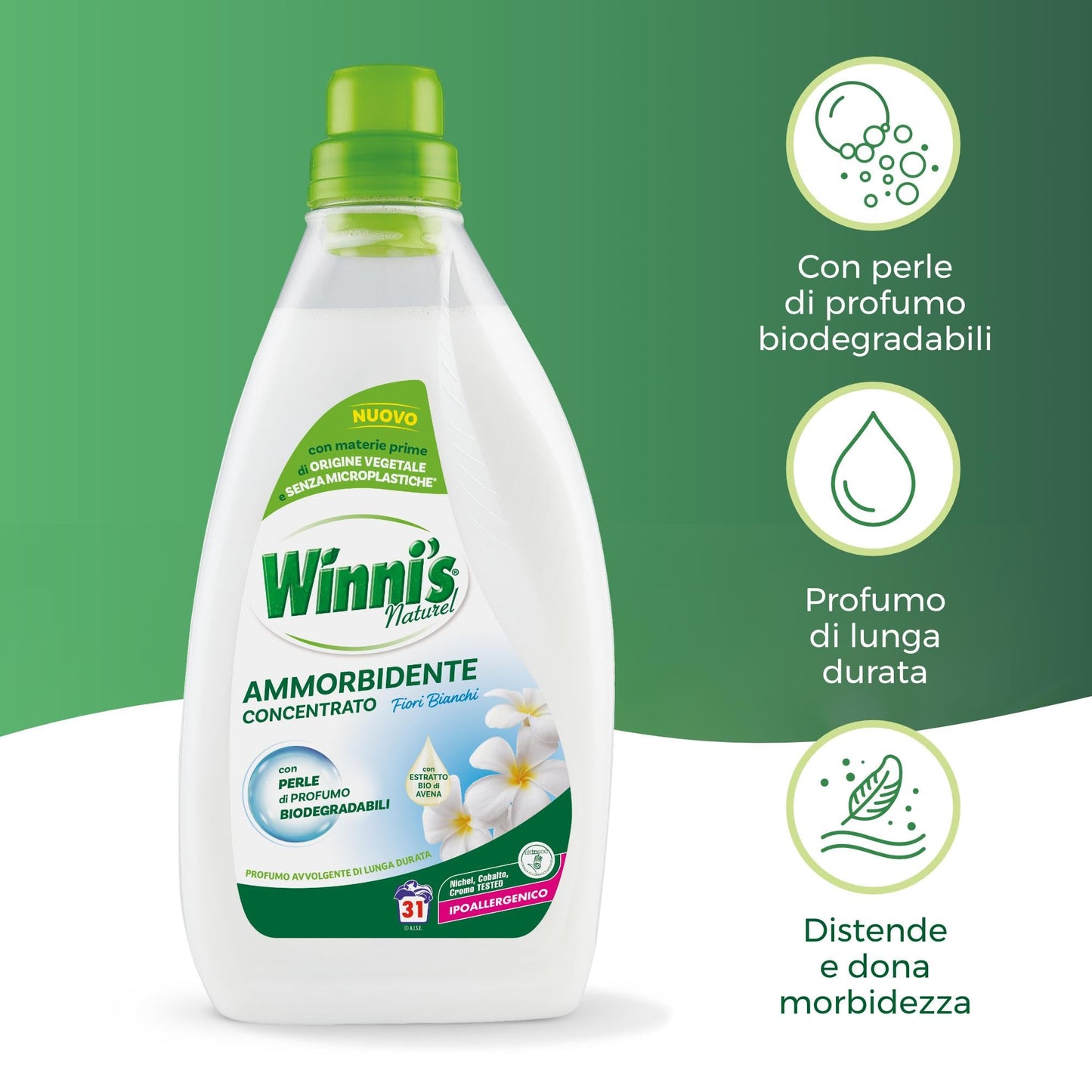 Winni's - Ammorbidente Lavatrice Ipoallergenico Concentrato Ecoformato, 124 Lavaggi, Fragranza Fiori Bianchi, Con Perle di Profumo Biodegradabili, 775 ml x 4 Confezioni