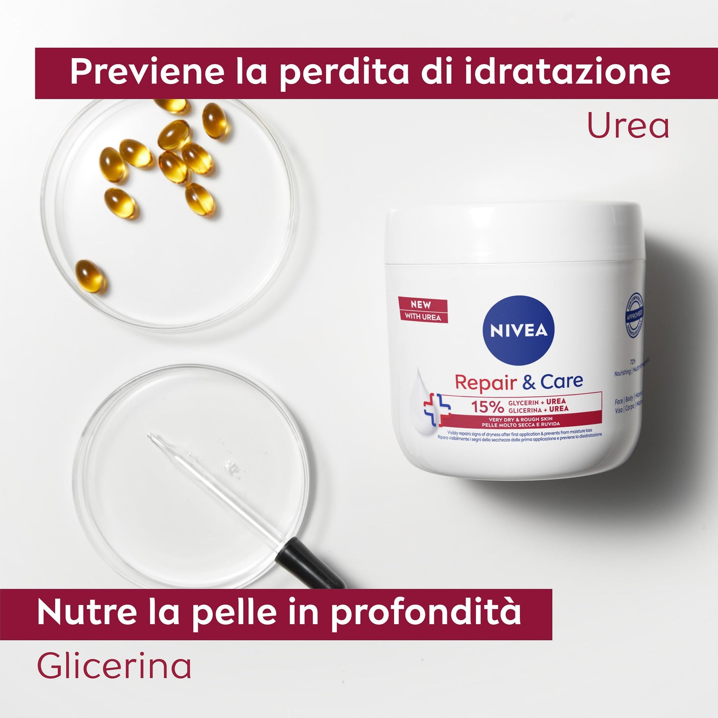 NIVEA Crema Repair & Care Urea 400 ml, Crema corpo idratante pelle secca, molto secca e ruvida, Crema multiuso per corpo, viso e mani con Glicerina e Urea per nutrimento profondo e idratazione 72h