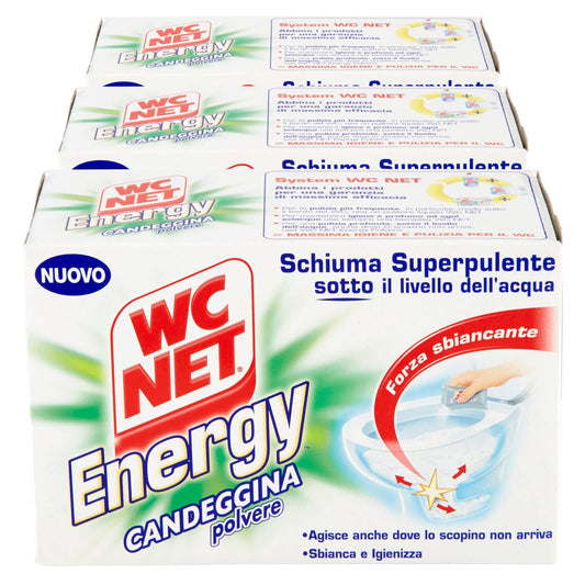 Wc Net - Energy con Candeggina, Detergente Igienizzante in Polvere per WC, Schiuma Autopulente con Azione Sbiancante, 4 Buste x 3 Confezioni
