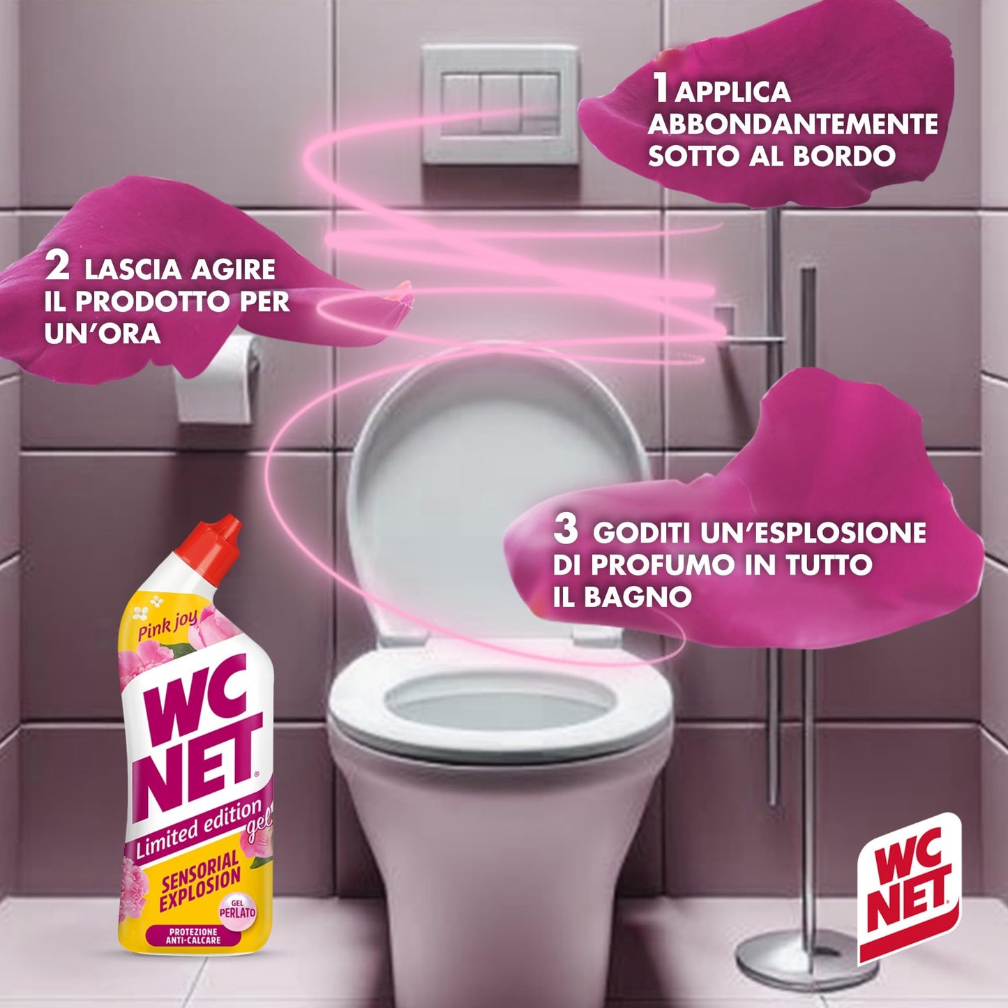 Wc Net - Limited Edition Pink Joy, Detergente Liquido per Sanitari, Essenza Peonia e Muschio Bianco, Prevenzione Calcare e Igienizzante per WC, 700 ml x 4 Confezioni