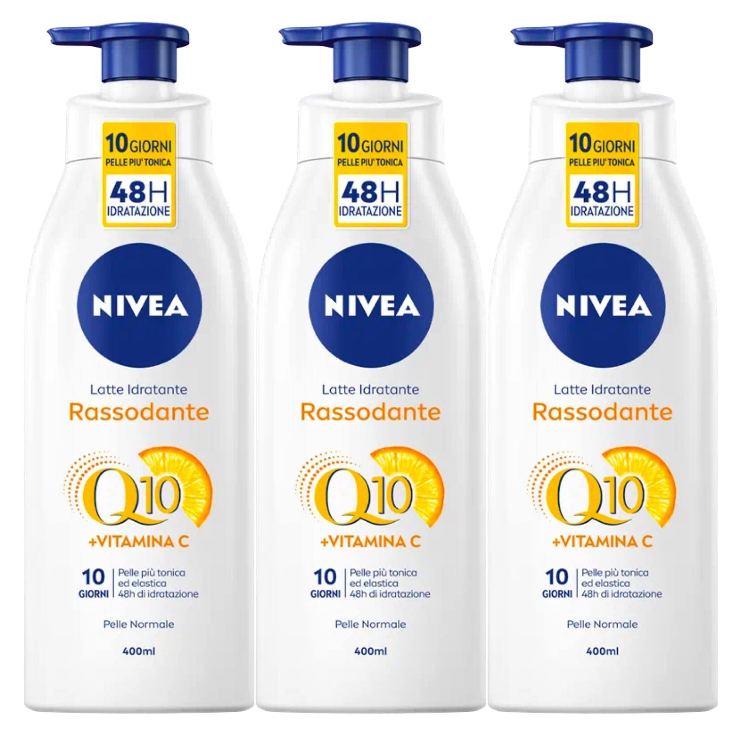 Nivea Q10 Latte Idratante Rassodante Vitamina C Azione Tonificante Elasticizzante Nutriente Antiossidante 48h Formula ad Assorbimento Rapido per Pelli Normali - 3 Flaconi da 400ml