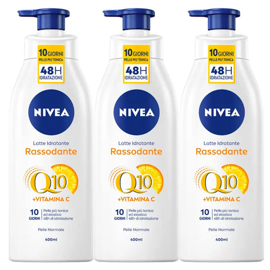 Nivea Q10 Latte Idratante Rassodante Vitamina C Azione Tonificante Elasticizzante Nutriente Antiossidante 48h Formula ad Assorbimento Rapido per Pelli Normali - 3 Flaconi da 400ml