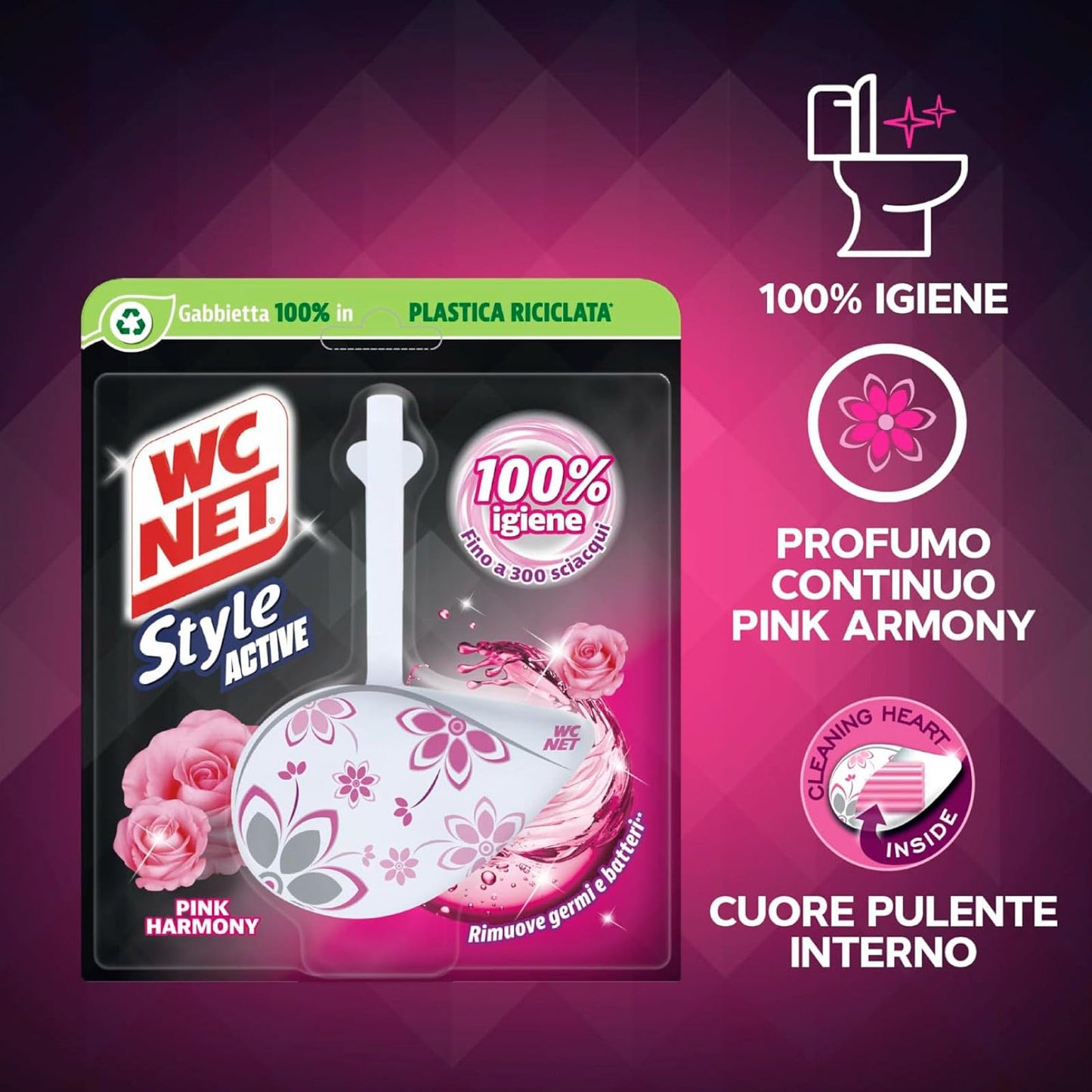 Wc Net - Tavoletta Style Active, Detergente Igienizzante Solido per WC, Fragranza Pink Harmony, 4 Pezzi