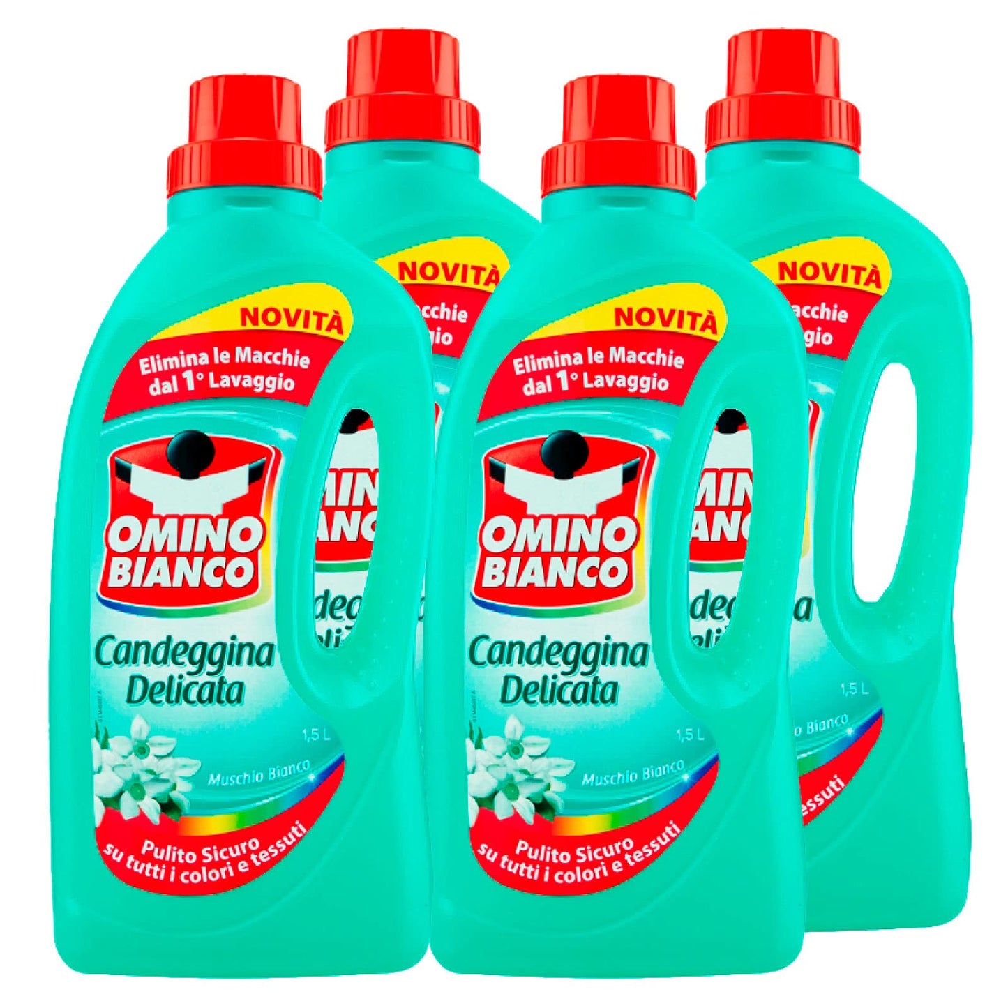 Omino Bianco - Candeggina Delicata, Tecnologia Anti Odor, Azione Igienizzante e Smacchiante, Essenza Muschio Bianco, 1500 ml x 4 Pezzi