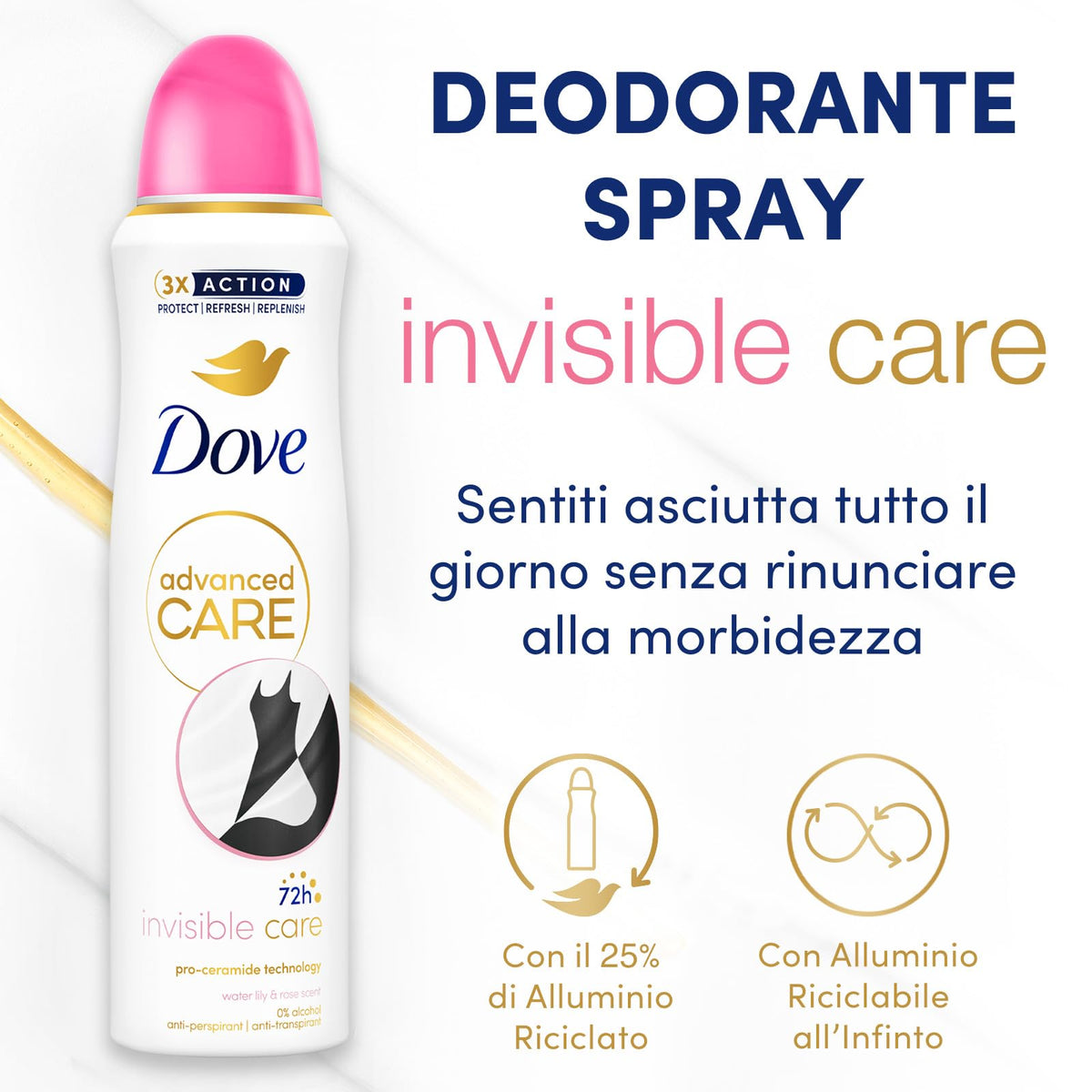 Dove Deodorante Spray Advanced Care Invisible Care, con Formula Idratante e Delicata sulla Pelle, Formula Anti-macchia, Pelle Asciutta Fino a 72 Ore, Deodorante Uomo e Donna, 6 Pezzi da 150ml