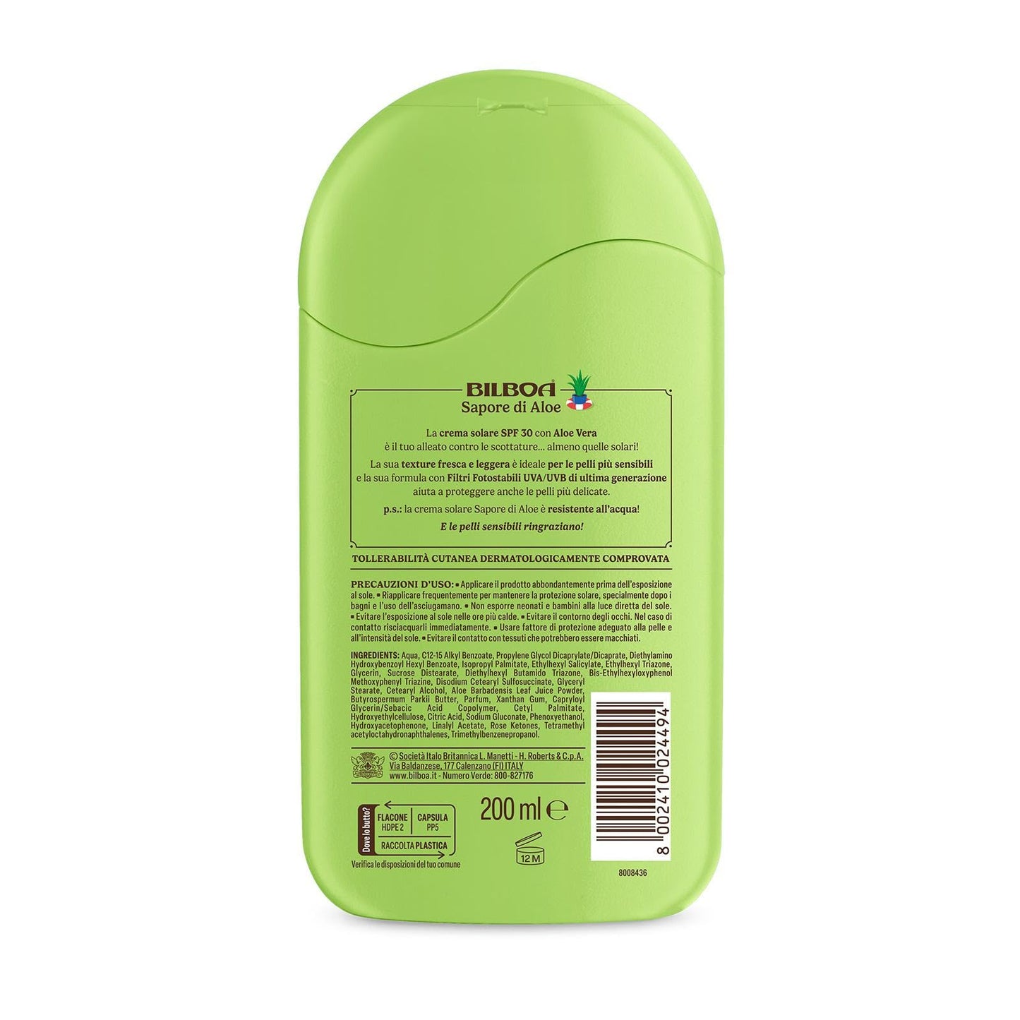 Bilboa Sapore di Aloe Latte Solare SPF 30, con Aloe Vera, Musica per le Pelli Sensibili, Resistente all'Acqua, Dermatologicamente Testato - 200 ml