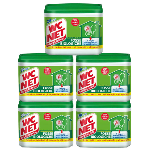 Wc Net Professional - Fosse Biologiche, Capsule Idrosolubili per WC, Scioglie gli Ingorghi, 20 Caps x 5 Pezzi