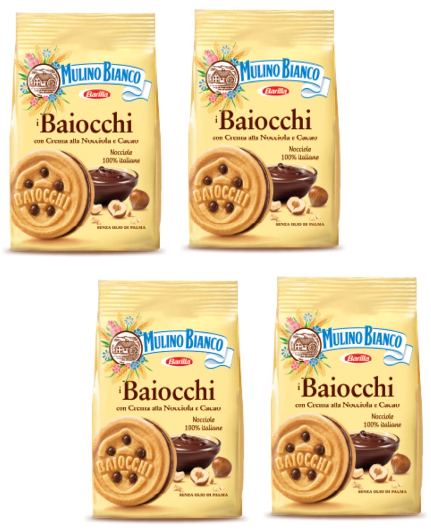 Mulino Bianco: Biscotti "i Baiocchi" con crema di nocciola e cacao - 260 g - Confezione da 4 [ Italian Import ]