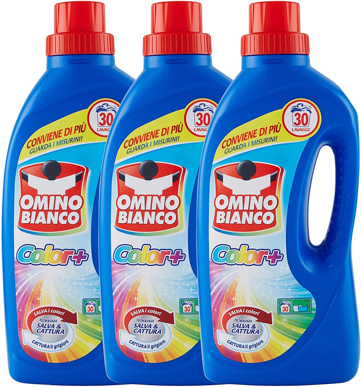 Omino Bianco - Detersivo Lavatrice Liquido Color+, 90 Lavaggi, Specifico per Capi Colorati, Tecnologia Salva i Colori e Cattura il Grigiore, 1500 ml x 3 Confezioni