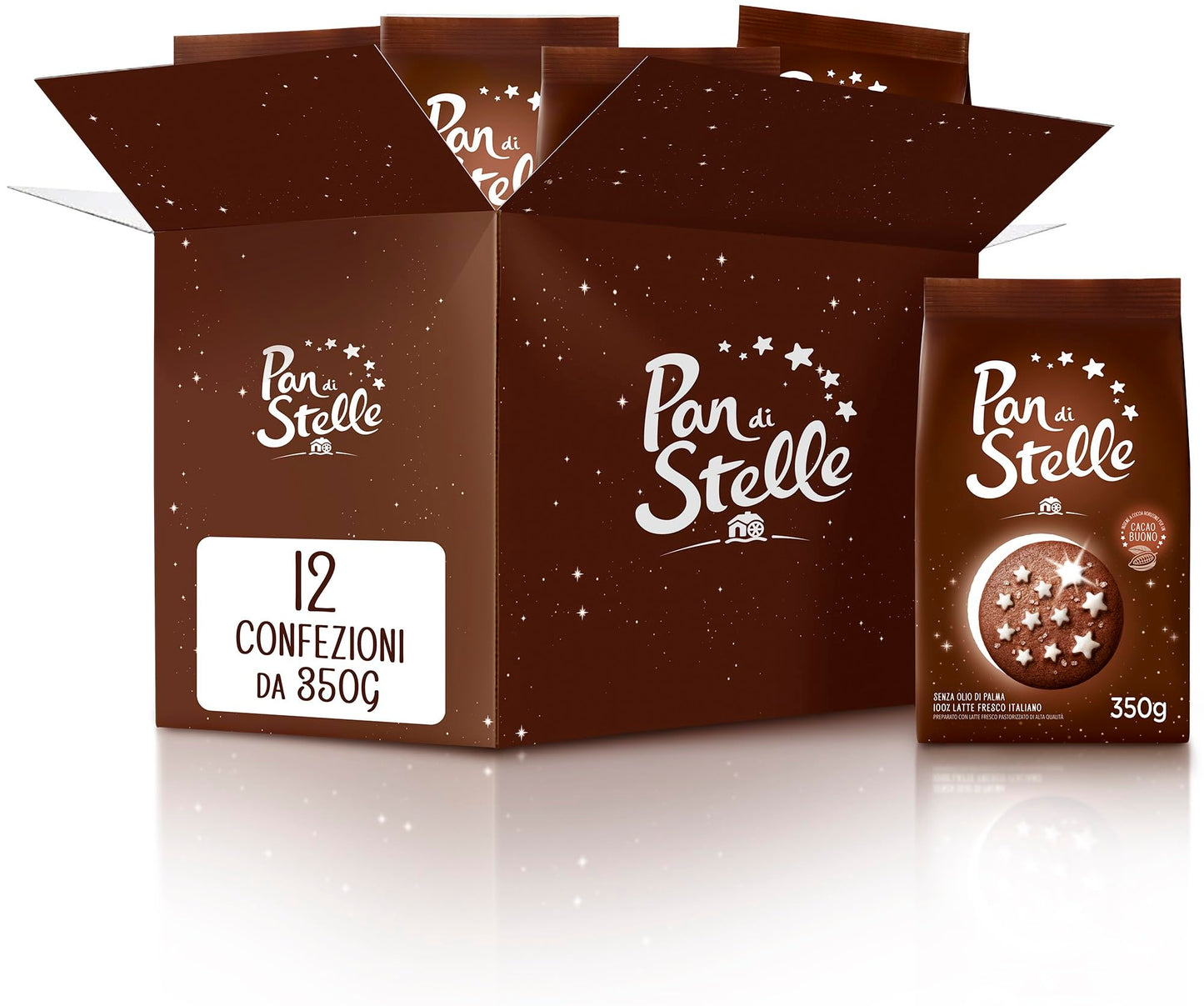 Pan di Stelle Biscotti Frollini con Cacao, Cioccolato e Latte Fresco Italiano, Colazione Ricca di Gusto, 12 Confezioni da 350 g