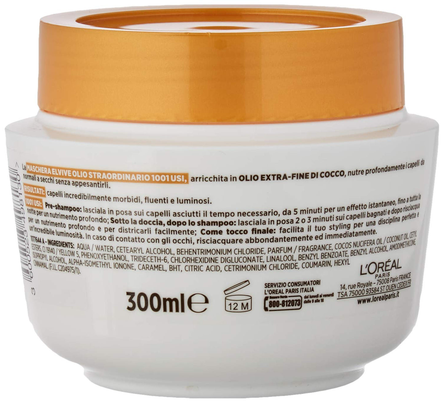l'Oréal Paris Maschera Nutriente Elvive Olio Straordinario Olio Fine di Cocco per Capelli da Normali a Secchi - 300 ml, 1 pezzo
