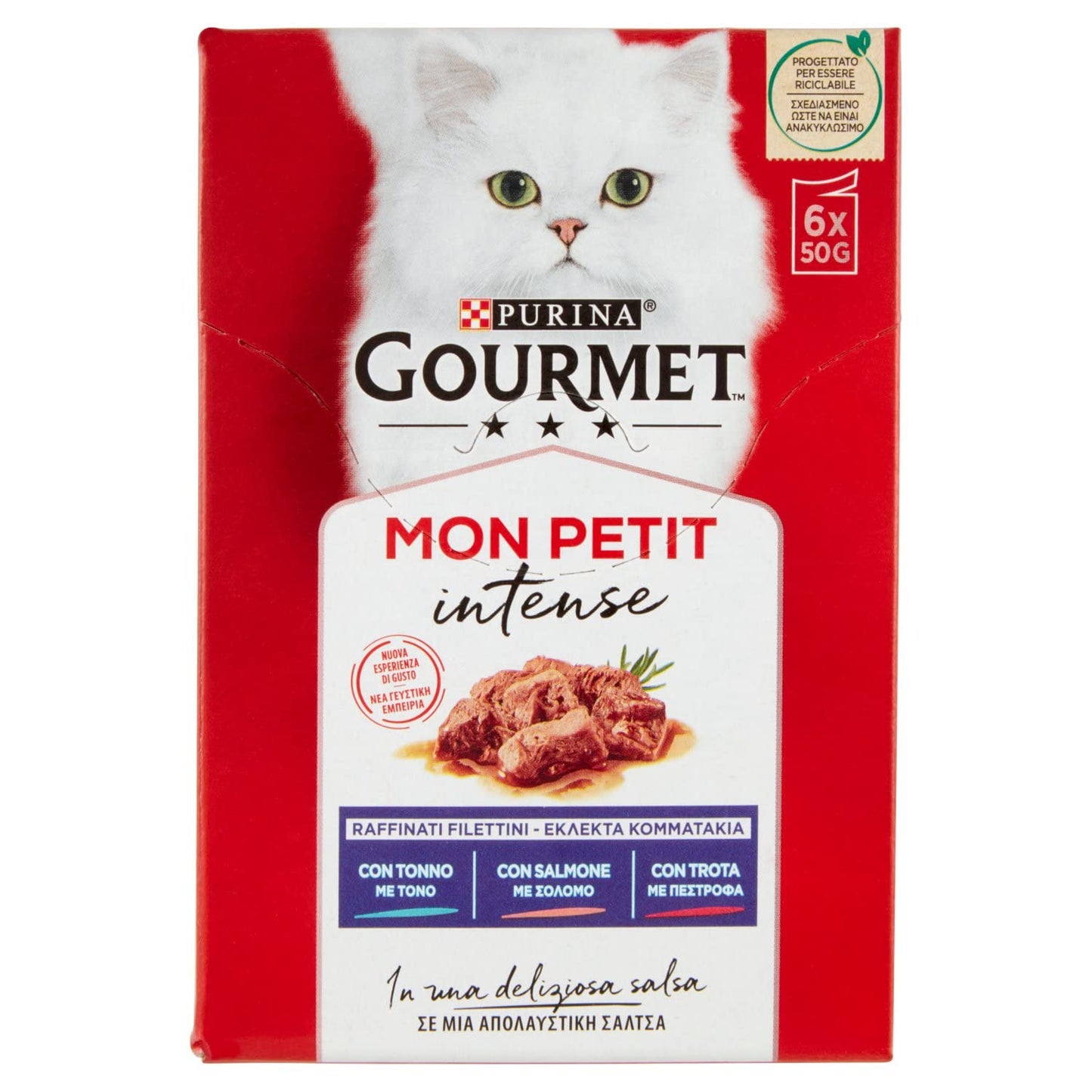 GOURMET Mon Petit Intense Cibo Umido per Gatti Adulti Filettini con Tonno, Salmone e Trota 6 Buste da 50g