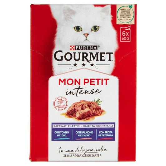 GOURMET Mon Petit Intense Cibo Umido per Gatti Adulti Filettini con Tonno, Salmone e Trota 6 Buste da 50g