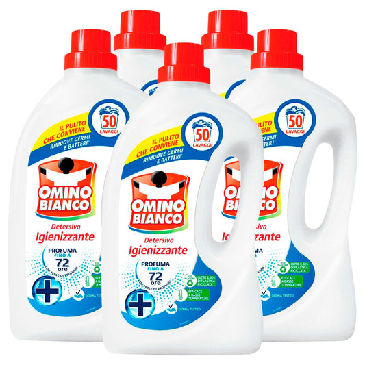 Omino Bianco - Detersivo Lavatrice Igienizzante Liquido Igienizza i Capi e Rimuove Germi e Batteri 50 Lavaggi 2L - 5 Flaconi