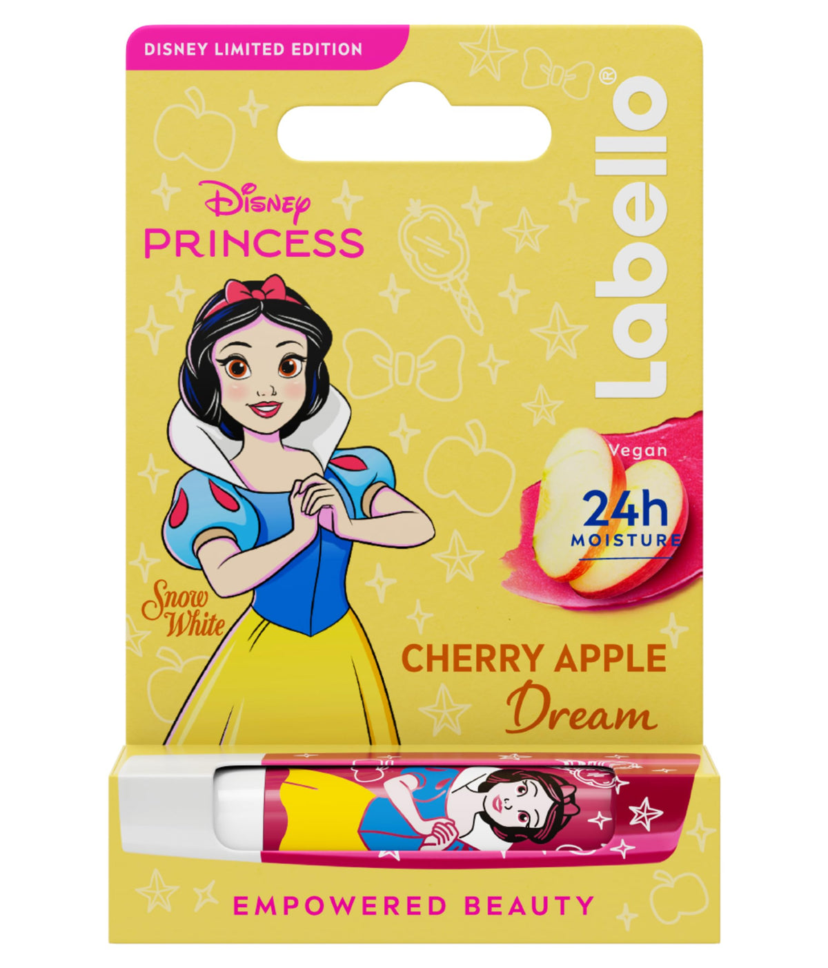 Labello Disney Princess Limited Edition Cherry Shine 4.8 g, Balsamo labbra colorato con design con Biancaneve, Burrocacao bambina 3+ idratante 24h, Burrocacao labbra lip balm con aroma di Ciliegia