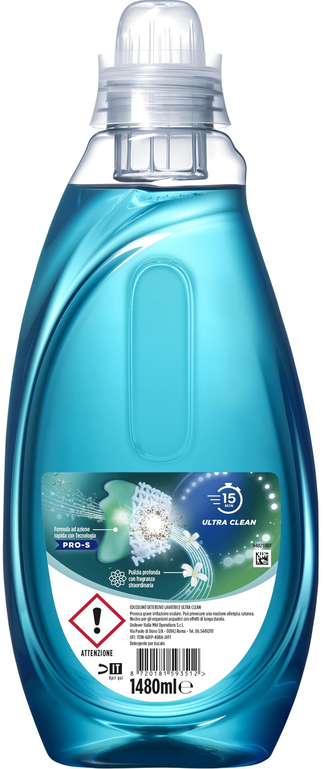 Coccolino Wonder Wash, Detersivo Lavatrice Liquido, Ultra Clean, Efficace nei Cicli Brevi da 15 Minuti, Anche a Freddo, Fragranza che Dura a Lungo, Pulizia Profonda, 37 Lavaggi, 1480 ml