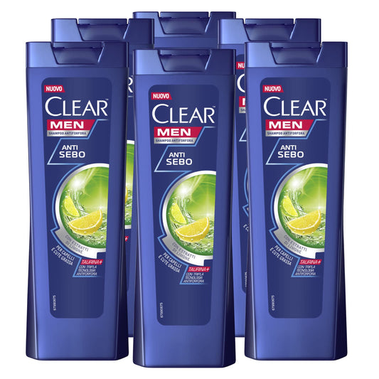 6x Clear Men Anti Sebo Shampoo Antiforfora Con Estratti di Limone per Capelli Grassi - 6 Flaconi da 225ml