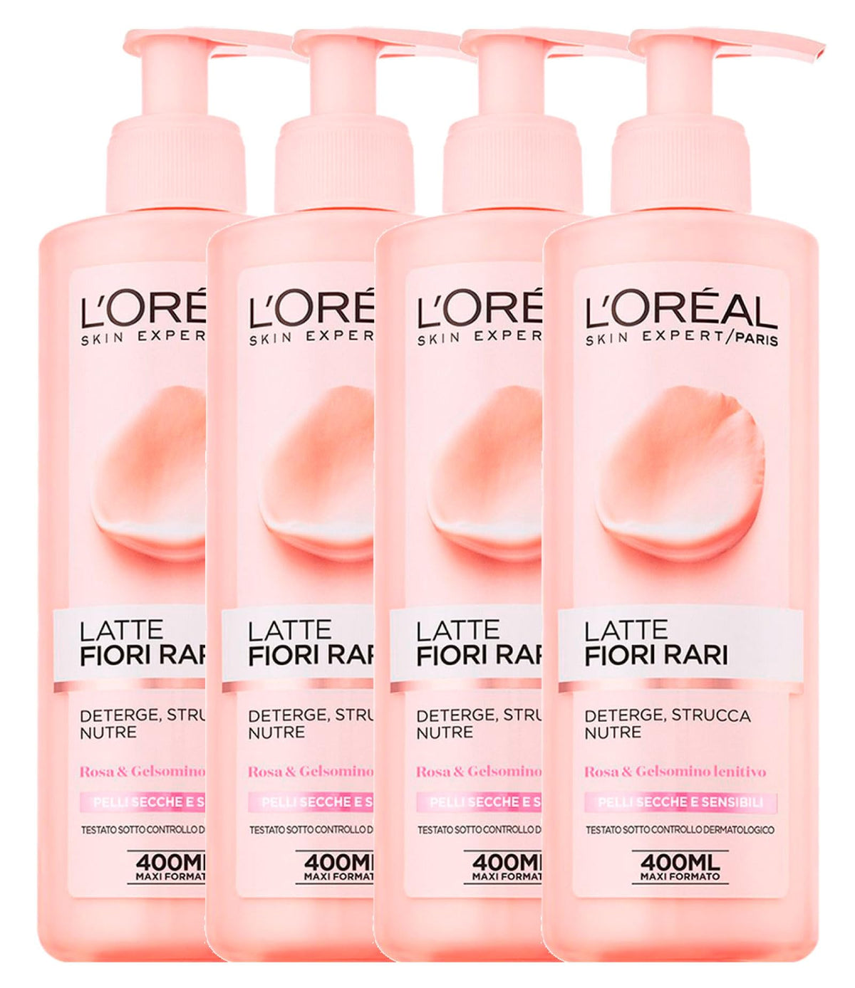 L'Oréal Paris Skin Expert Latte Struccante Viso Fiori Rari per Pelli Secche e Sensibili Detergente e Nutriente con Rosa e Gelsomino Lenitivo Formula Leggera e Delicata - 4 Flaconi da 400ml