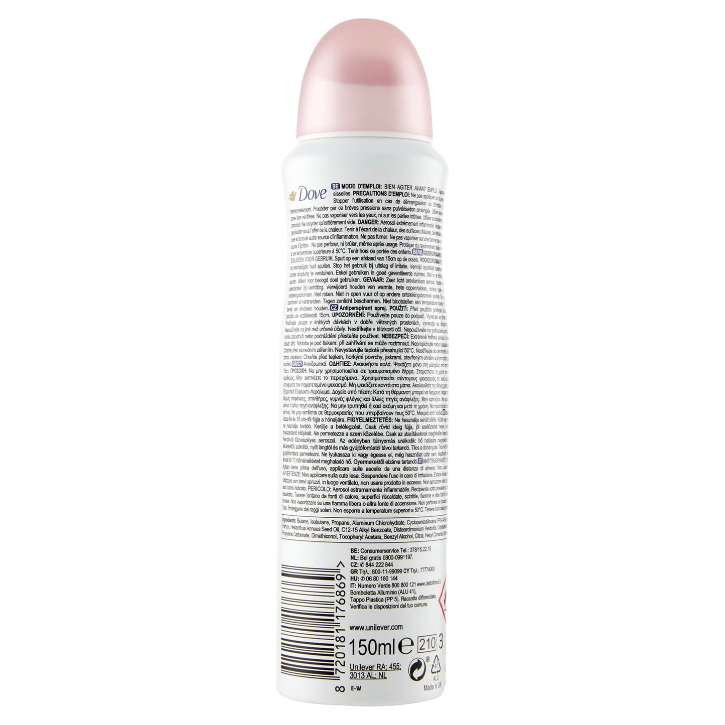 Dove, Deodorante Spray Beauty Finish, con 1/4 Crema Idratante, con Minerali e Vitamina E, Antitraspirante, Senza Alcool, Pelle Asciutta Fino a 48 Ore, Deodorante Uomo e Donna, 6 Pezzi da 150 ml