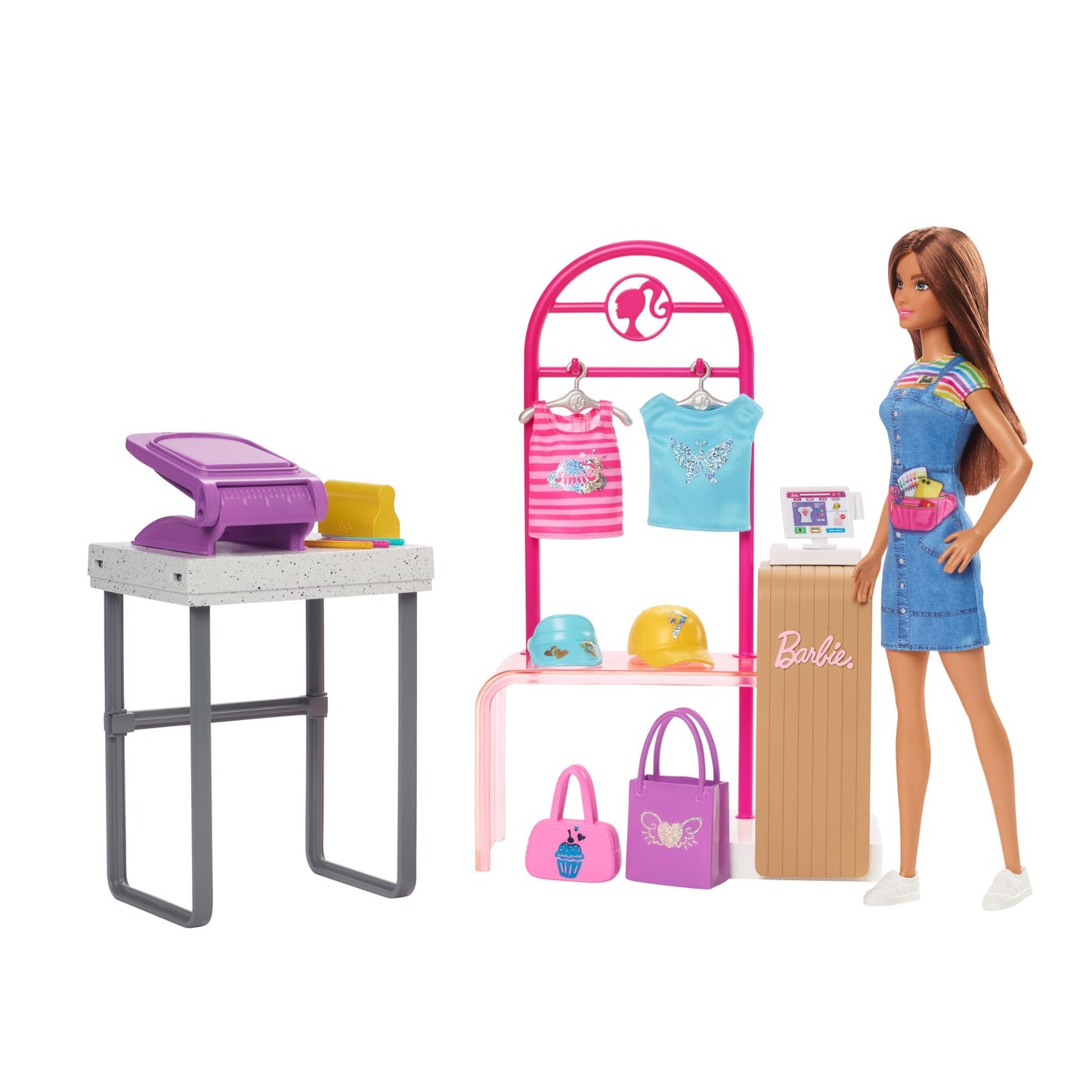 Barbie - Make & Sell Boutique, playset con Bambola e Accessori alla Moda Inclusi, espositore, Stampante e Adesivi per Creare 150+ Look Personalizzati, Giocattolo per Bambini, 5+ Anni, HKT78