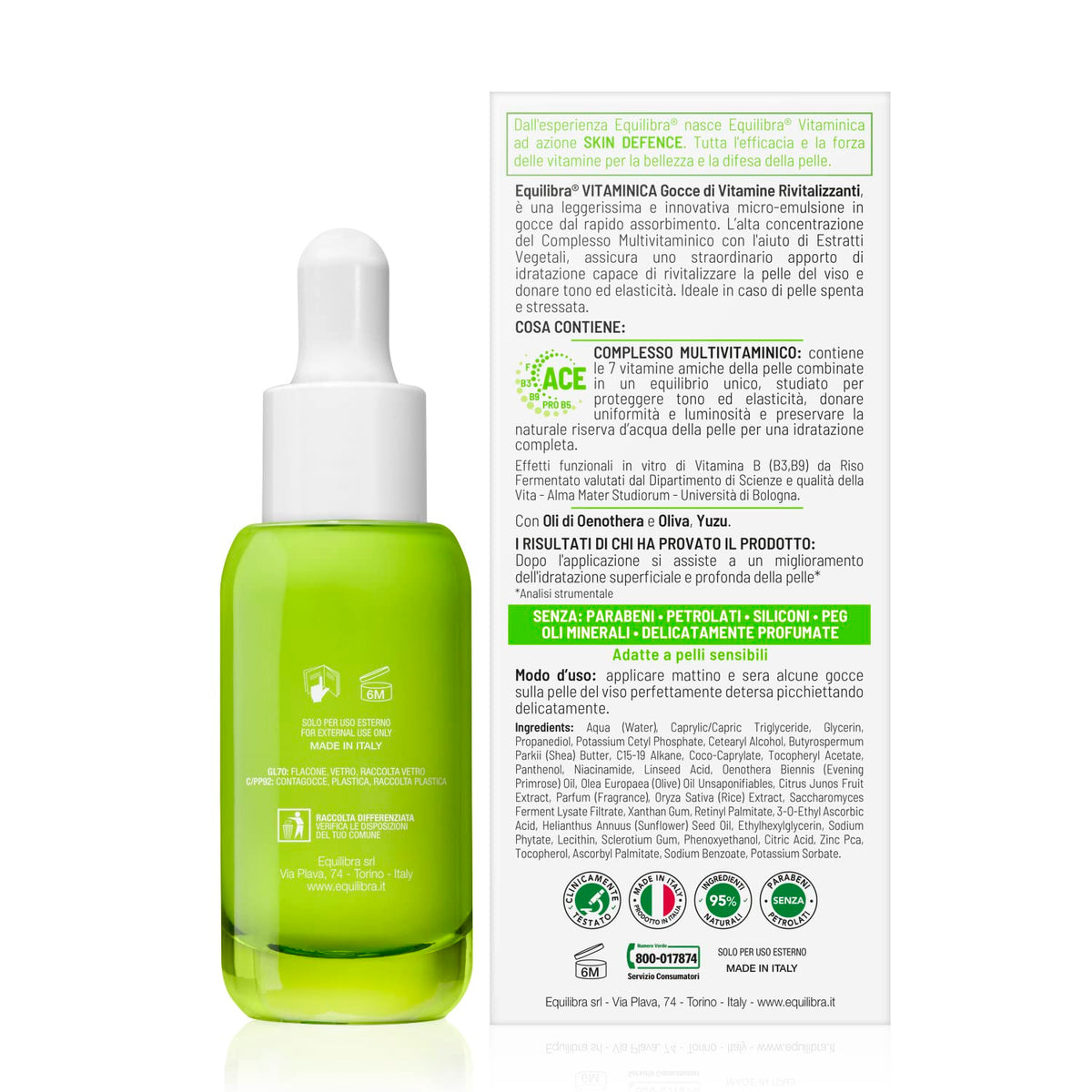 Equilibra Viso, Vitaminica, Gocce di Vitamine Rivitalizzanti, Siero Viso con Complesso Multivitaminico, Oli di Oenothera e Oliva, Yuzu, Dona Tono ed Elasticità, 30 ml