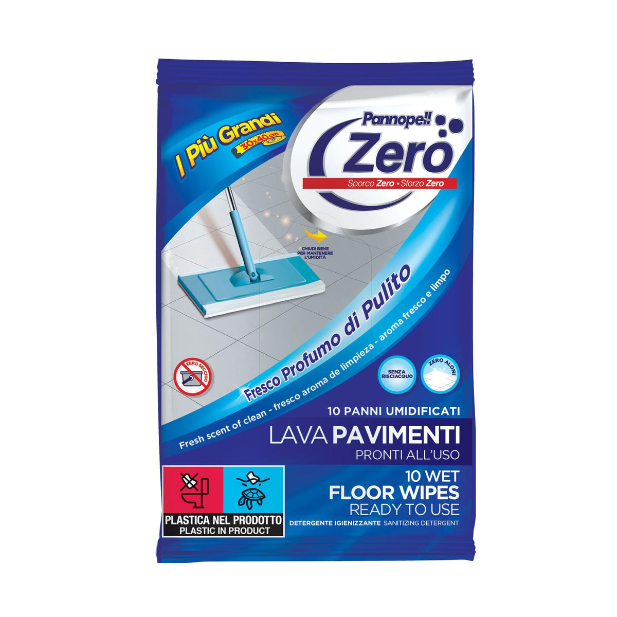 Salviette Igienizzanti per Pavimenti 10 x10 Panni Umidificati (100 Pz) - Zero Igienizzante Pronto All'Uso Classic, 30x40 cm, Panni Lavapavimenti Umidificati e Disinfettanti per la Pulizia Casa