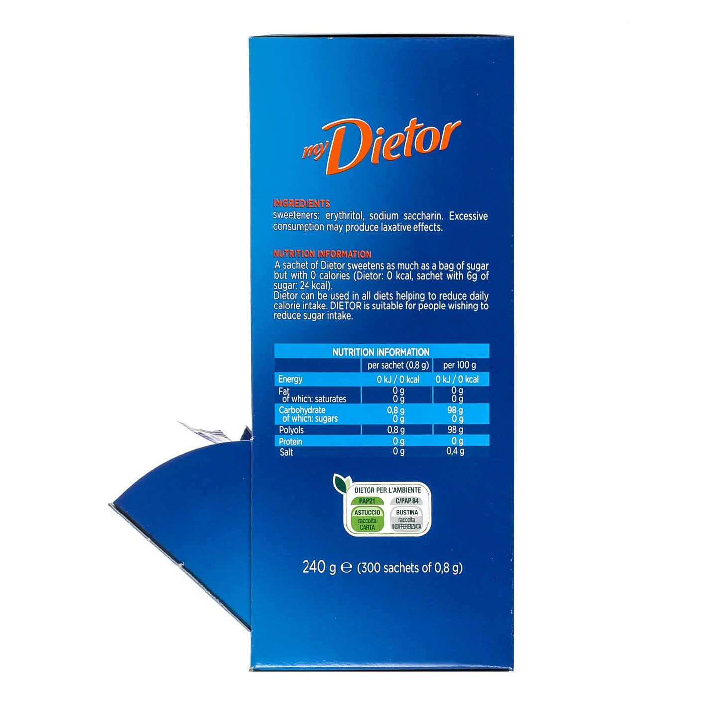 Dietor - MyDietor Dolcificante Naturale 0 kcal, Senza Glutine, Senza Aspartame - 8 Confezioni da 300 Bustine Ciascuna