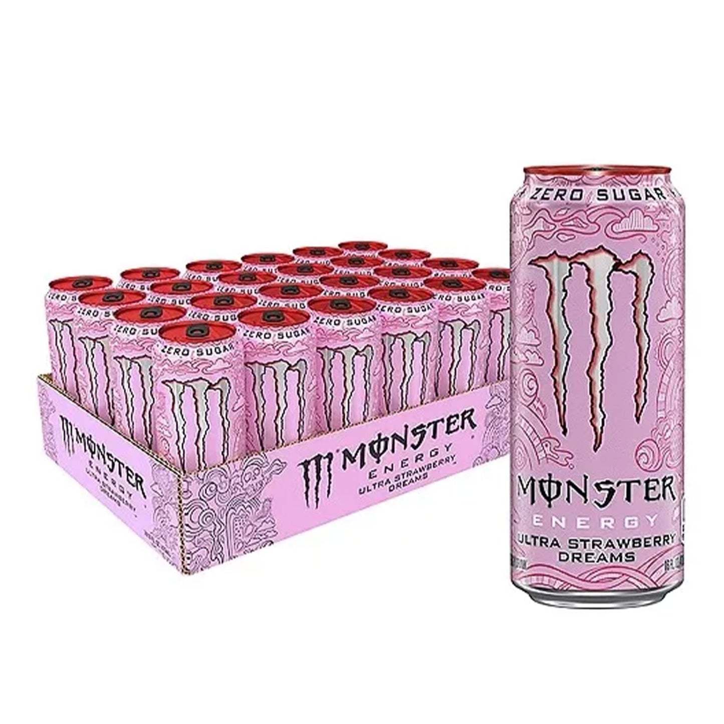 Monster Energy Ultra Strawberry Dreams, Bevanda Energetica Senza Zuccheri al Gusto Fragola, con Miscela Energetica e 160 mg di Caffeina, 24 Lattine da 500 ml