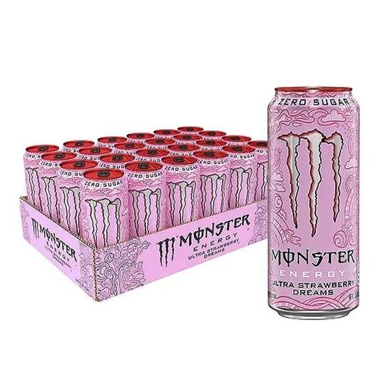 Monster Energy Ultra Strawberry Dreams, Bevanda Energetica Senza Zuccheri al Gusto Fragola, con Miscela Energetica e 160 mg di Caffeina, 24 Lattine da 500 ml