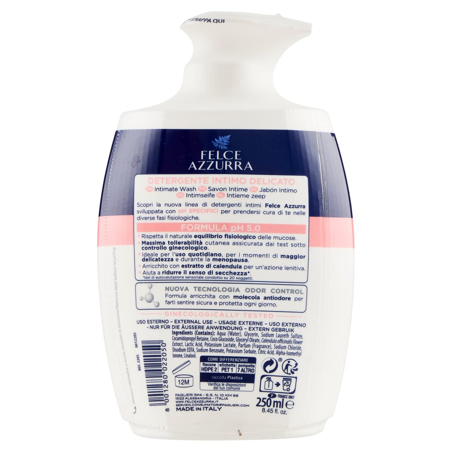 Felce Azzurra - Detergente Intimo Lenitivo per Igiene Intima Quotidiana Ph5.0, Sapone Intimo Delicato Antiodore Ideale in Menopausa e Secchezza, Ginecologicamente Testato Dona Freschezza a Lungo 250ml