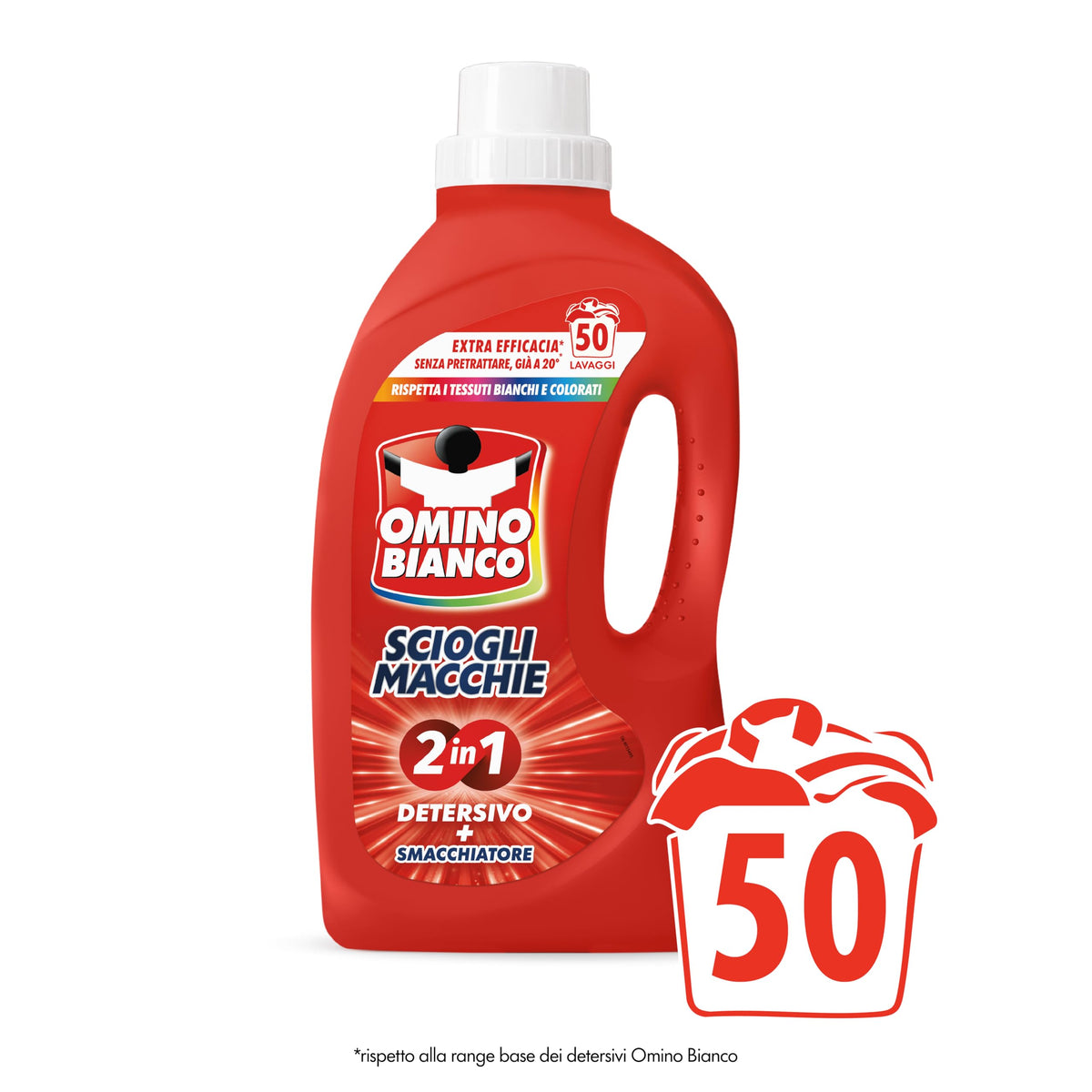 Omino Bianco - Detersivo Lavatrice Liquido Scioglimacchie 2in1, 50 Lavaggi, Rimuove Macchie Difficili, Rispetta Bianchi e Colorati, 2000 ml