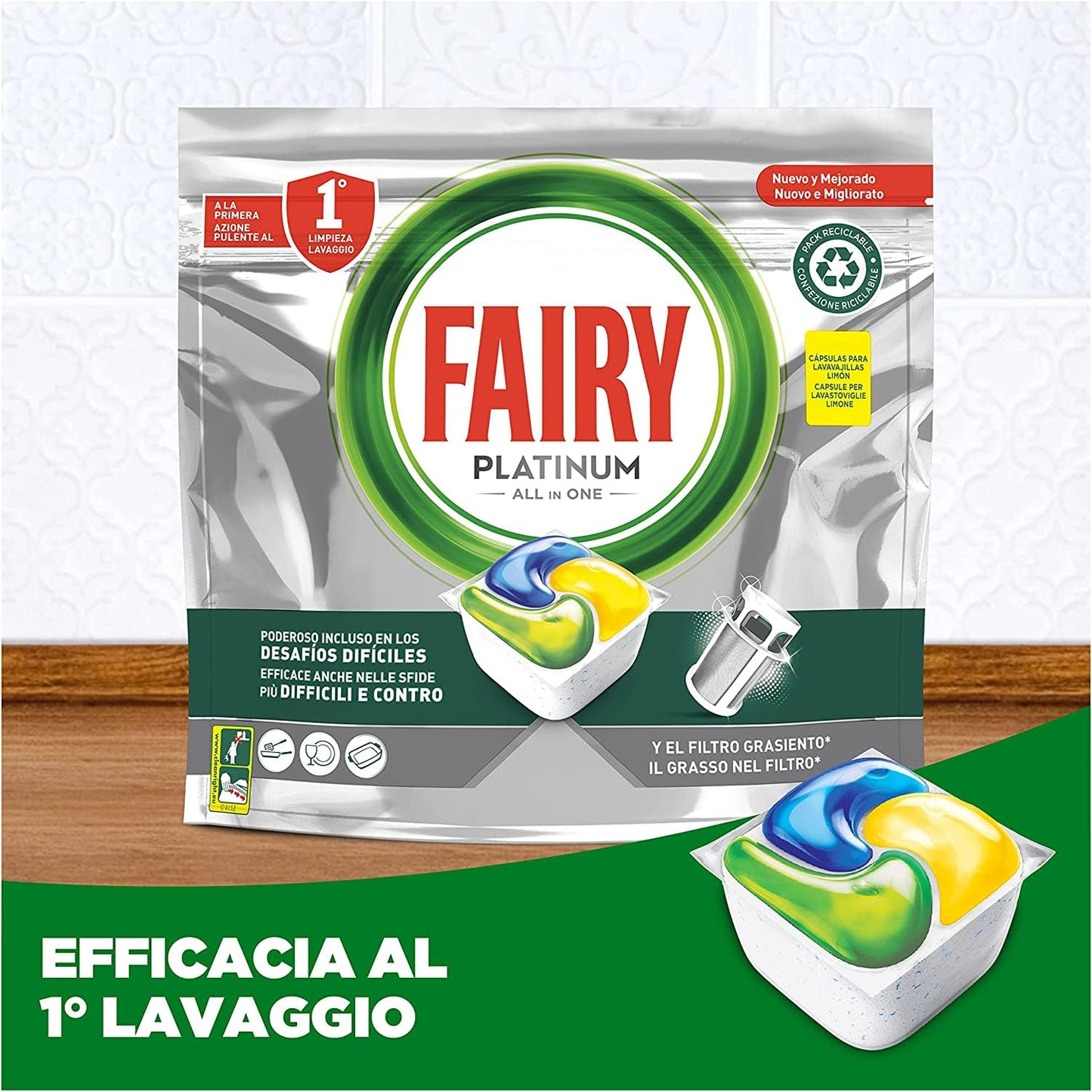 Fairy Platinum Detersivo Pastiglie Lavastoviglie, Brillantante, 44 Capsule Lavastoviglie, Limone, Con Sistema Di Prelavaggio Integrato, Efficace Nelle Sfide Difficili Contro Lo Sporco