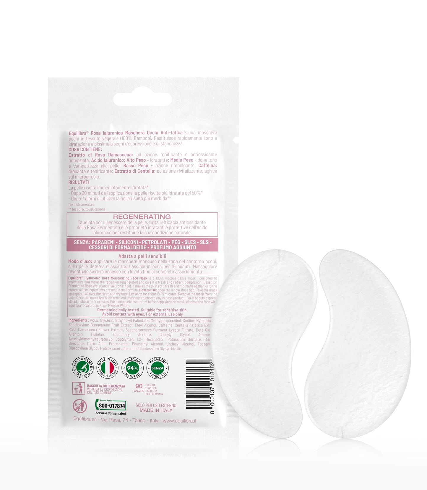 Equilibra, Patch Occhi, Azione Anti-fatica Contro Occhiaie e Borse, 2 Patch, con Estratto di Rosa Damascena, Acido Ialuronico ad Alto, Medio e Basso Peso, Caffeina, ed Estratto di Centella