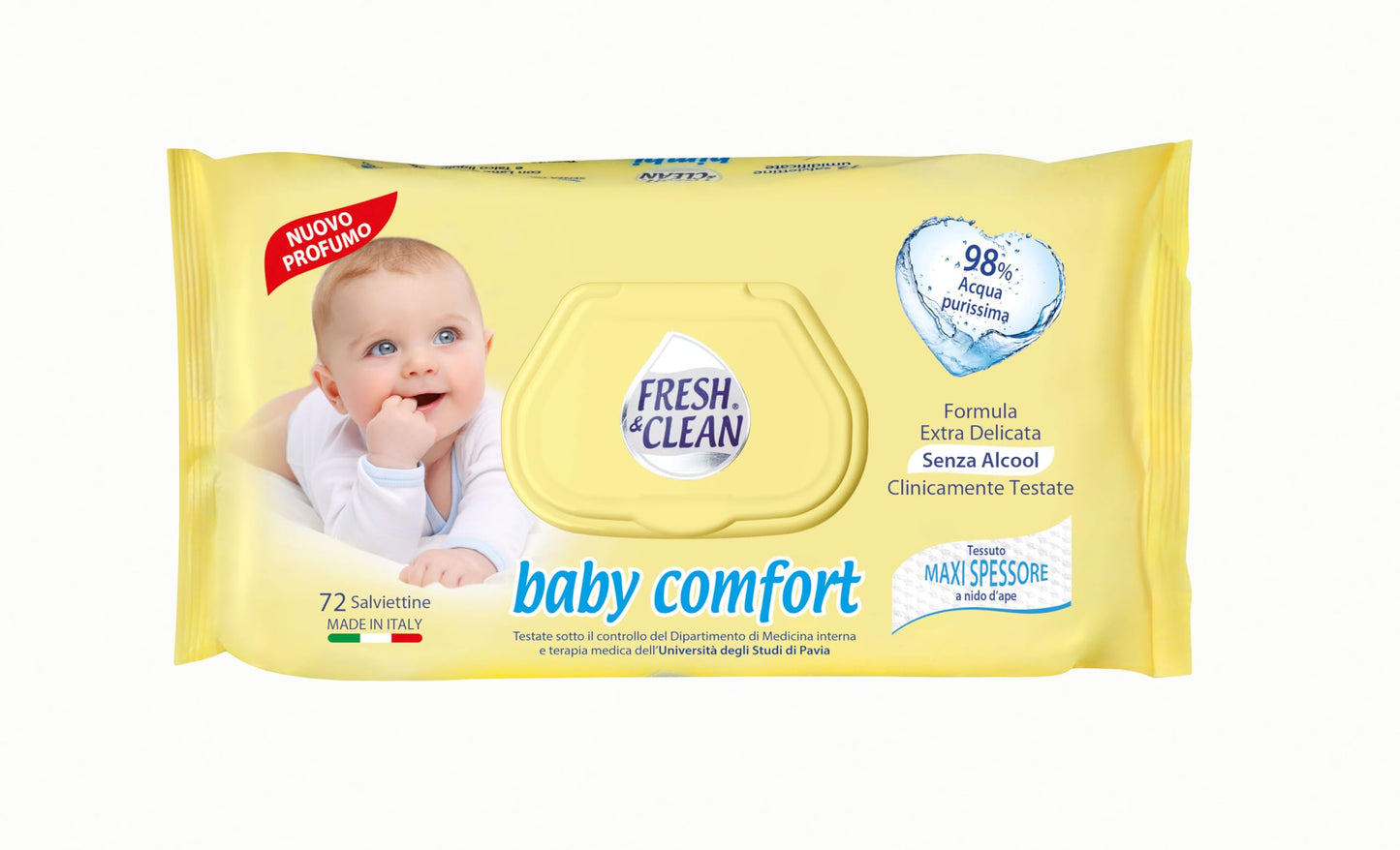 Fresh & Clean - Salviettine per Neonato Baby Comfort, Tessuto maxi spessore, Extra Delicate Senza Alcool, Morbidezza ed Assorbenza, 72 pezzi