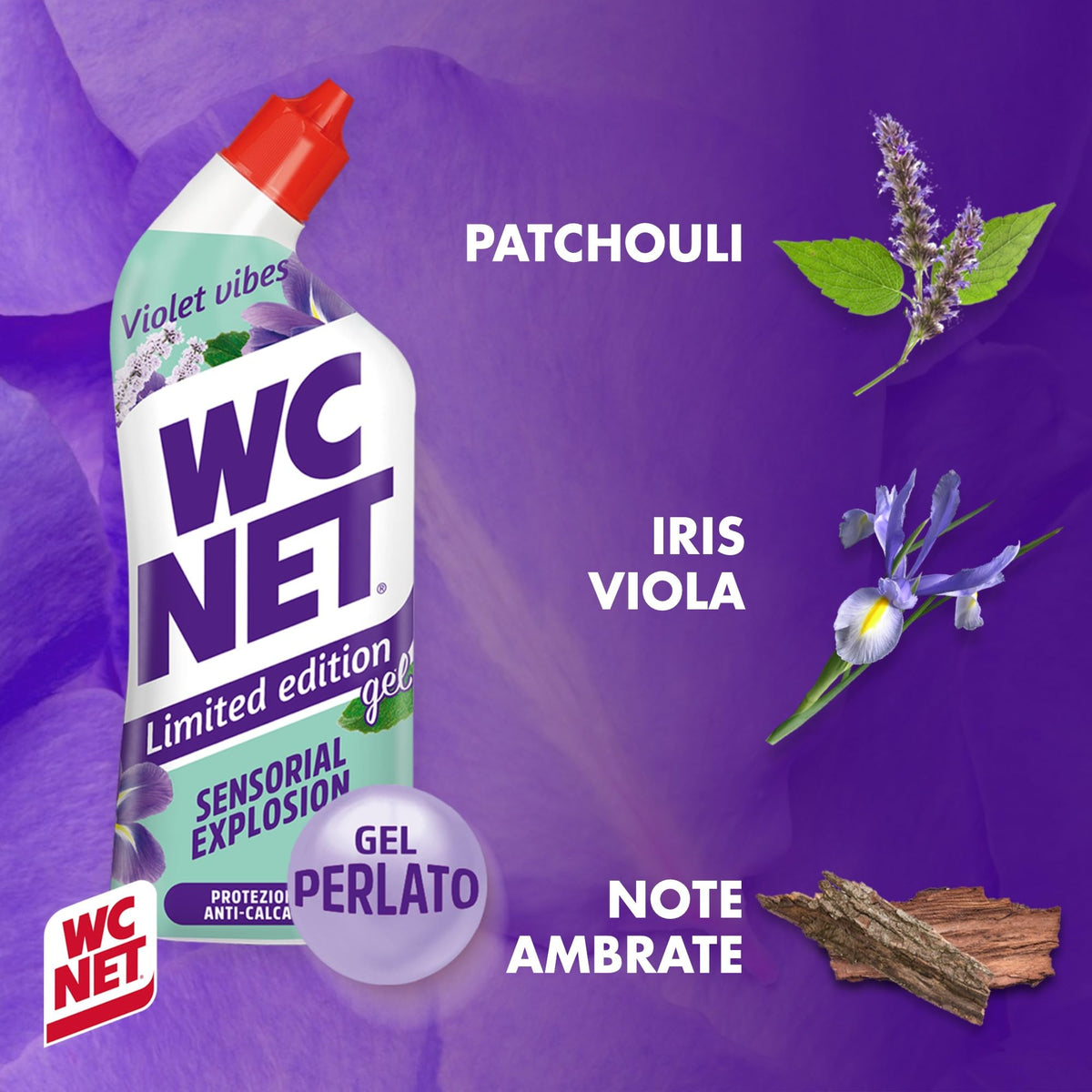 Wc Net - Limited Edition Violet Vibes, Detergente Liquido per Sanitari, Essenza Iris Viola e Patchouli, Prevenzione Calcare e Igienizzante per WC, 700 ml x 4 Confezioni