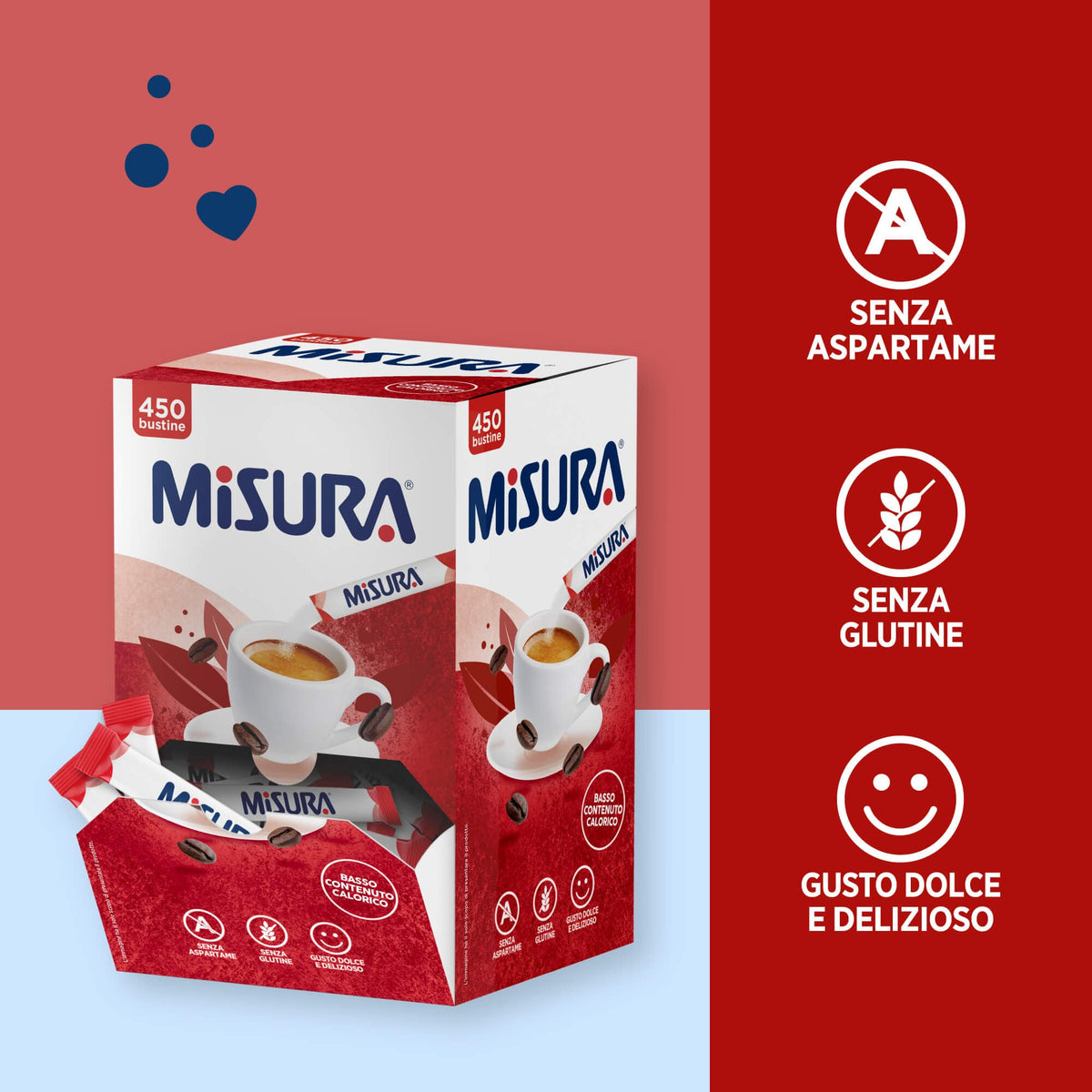 Misura Dolcificante in Bustine, Dolcificante Senza Glutine, Senza Aspartame, 2 Calorie Per Bustina, Pratica Confezione per Bar, Ristoranti e Uffici, 450 Bustine