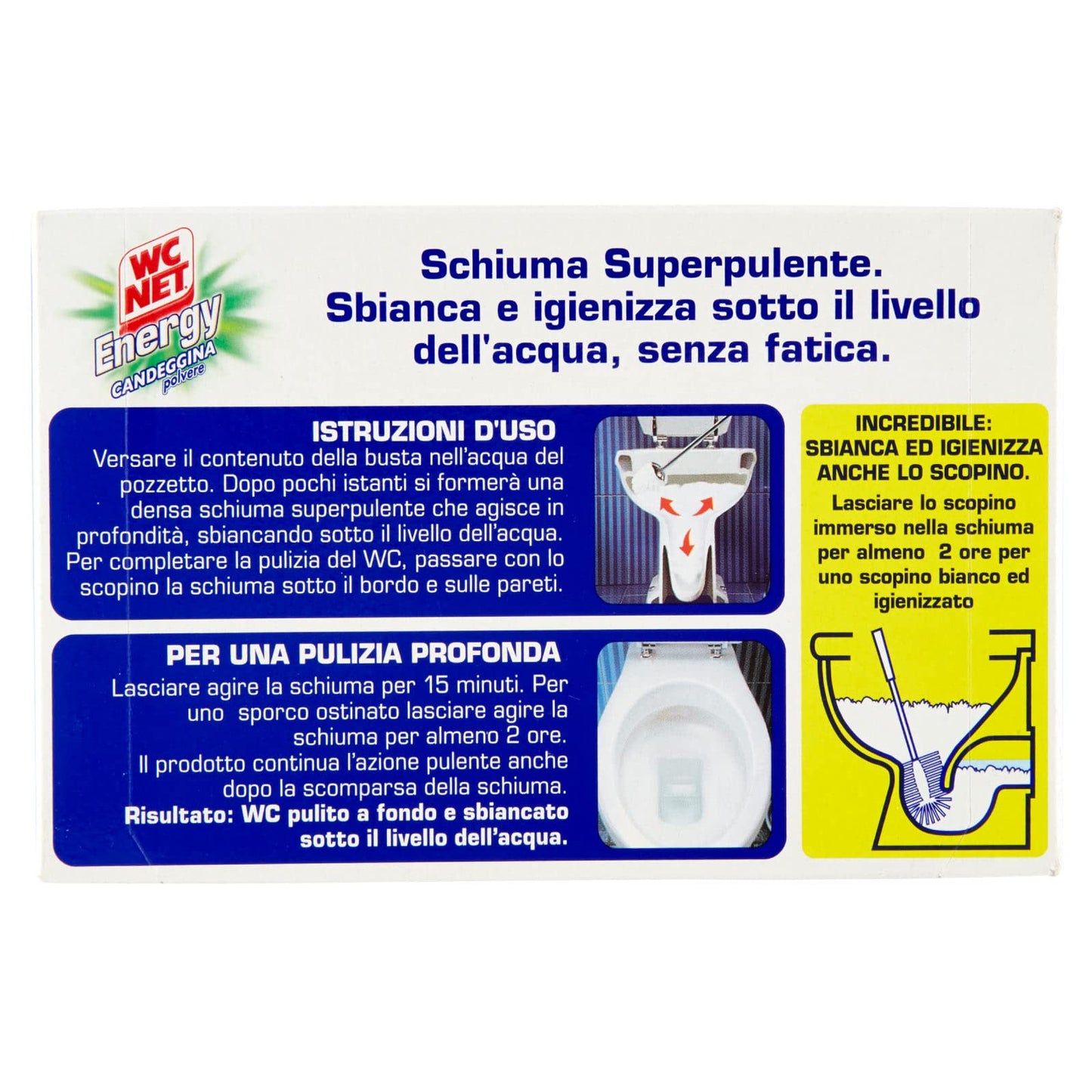 Wc Net - Energy con Candeggina, Detergente Igienizzante in Polvere per WC, Schiuma Autopulente con Azione Sbiancante, 4 Buste x 6 Confezioni