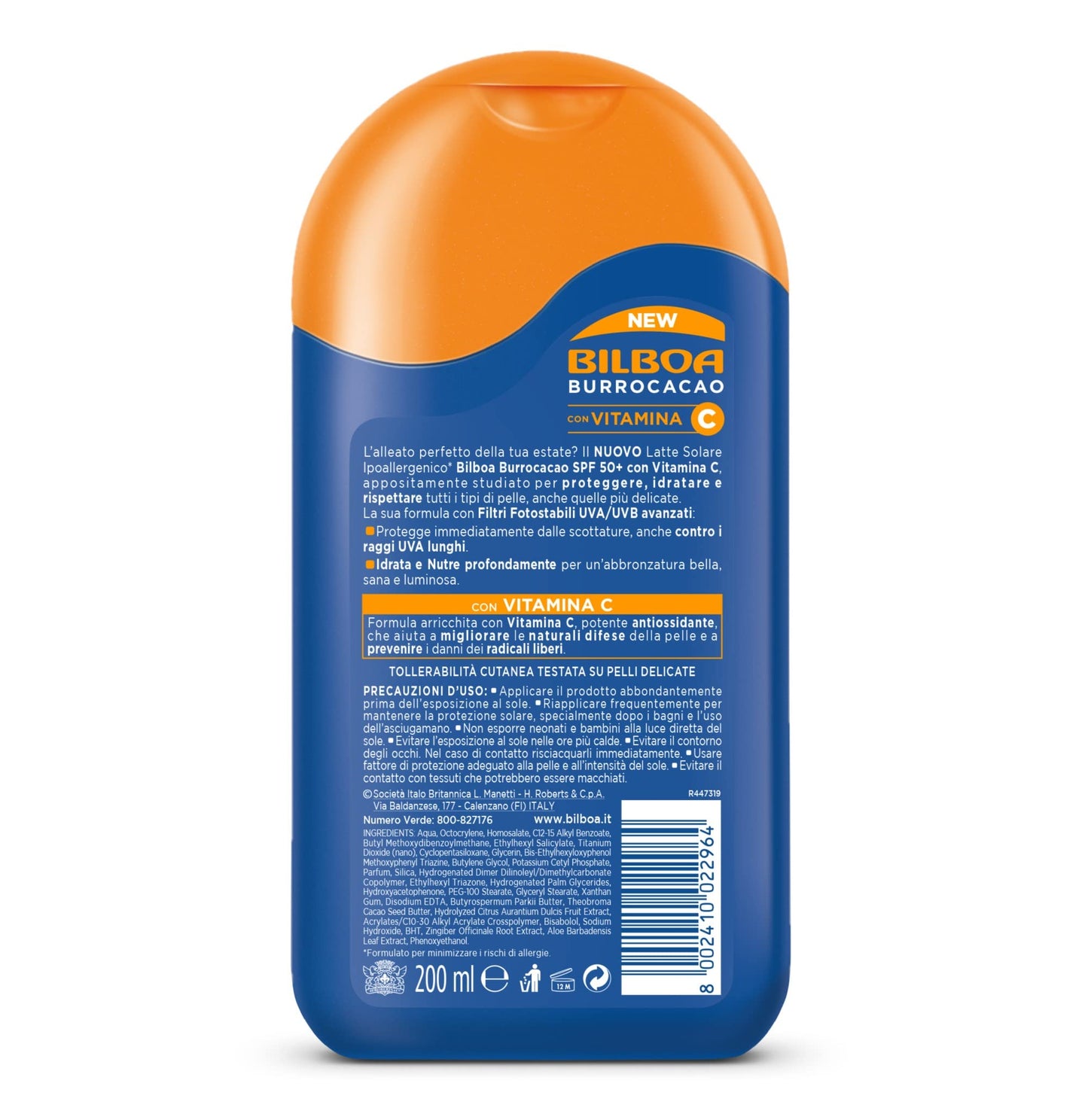 Bilboa Burrocacao Latte Solare SPF 50+, Protezione Solare Molto Alta per Pelli Sensibili, Formula con Vitamina C, Idrata, Nutre e Protegge,Dermatologicamente Testato, 200 ml