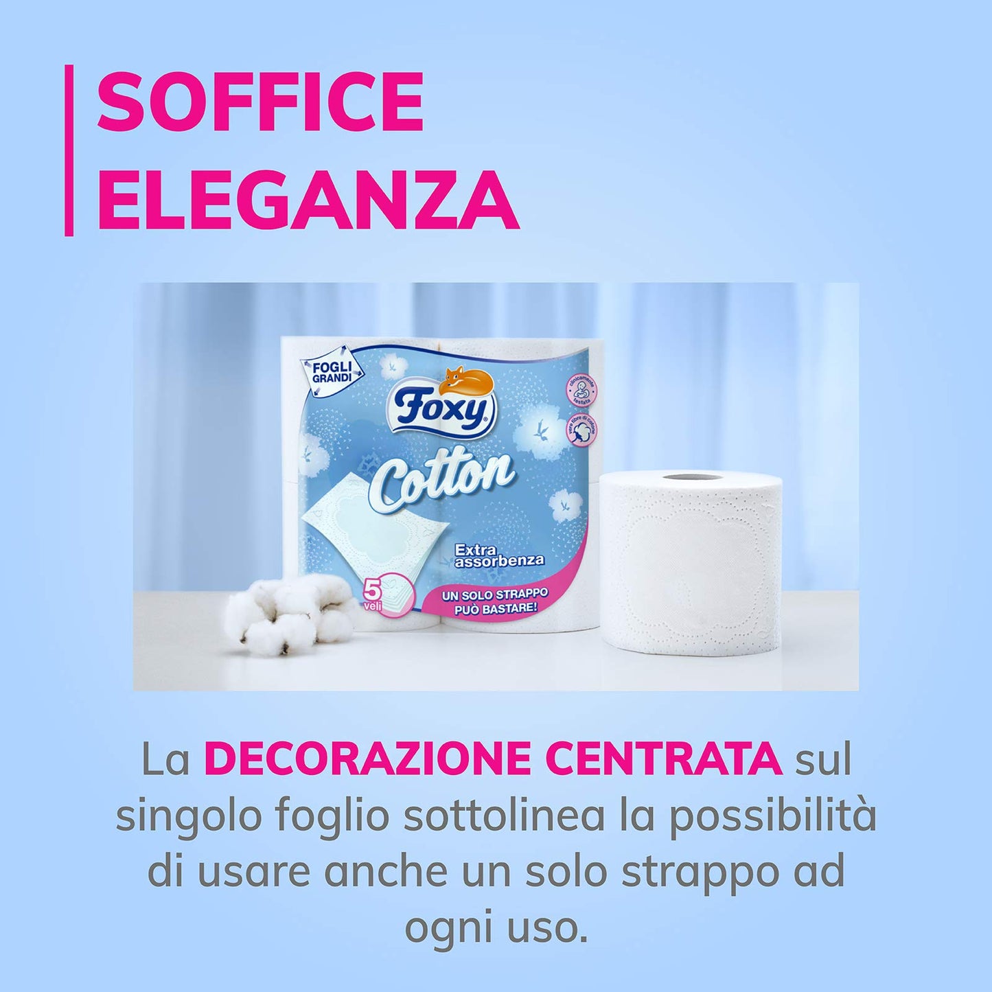 Foxy Cotton | Carta Igienica 5 Veli | 60 Rotoli, 115 Strappi per Rotolo, Fogli Extra Large, con Vere Fibre di Cotone | Certificazione FSC, 100% Energia Elettrica Rinnovabile, Confezione Riciclabile