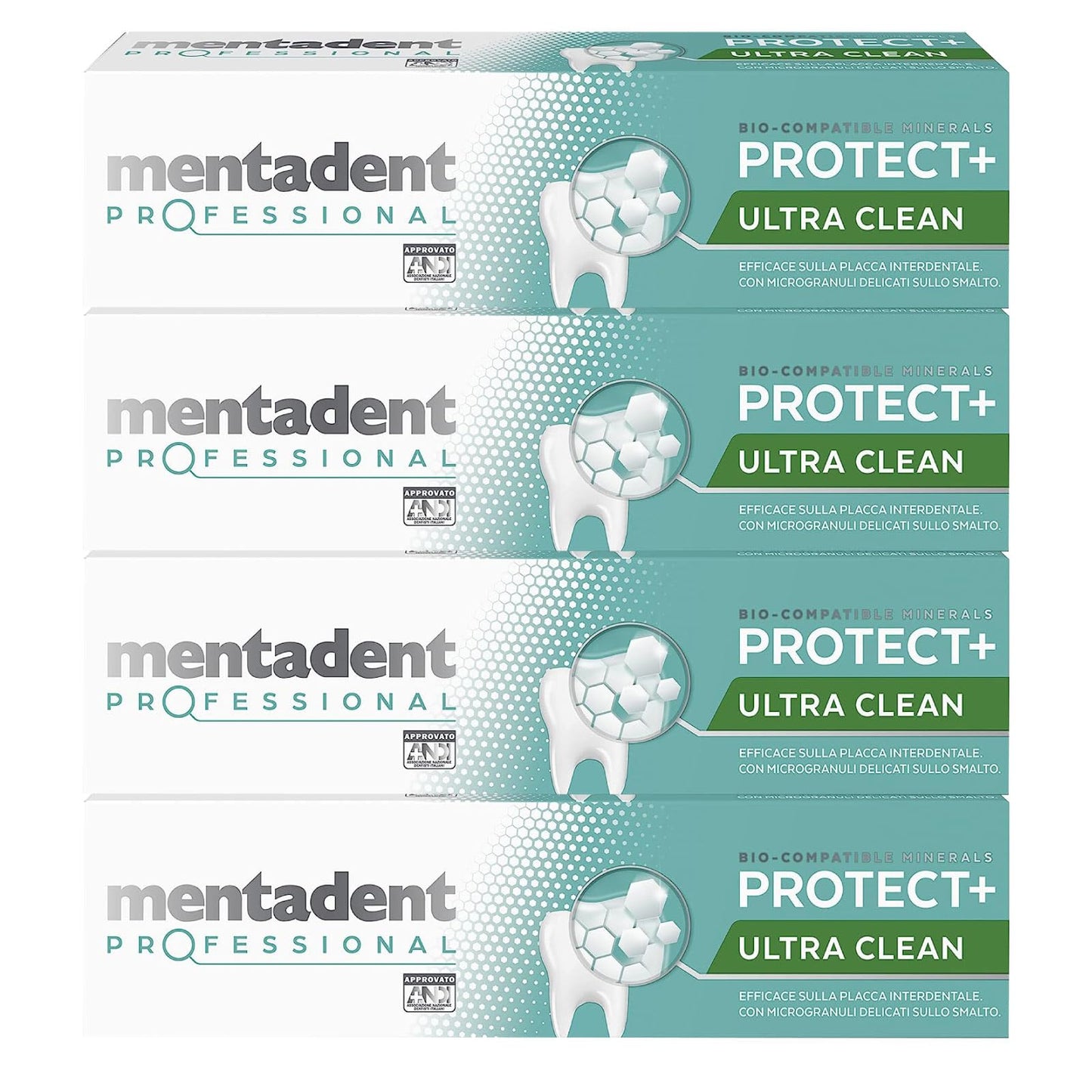 Mentadent Professional Protect+ Ultra Clean Dentifricio Rimuovi Placca Remineralizzante con Minerali Biocompatibili e Microgranuli - 4 Flaconi da 75ml