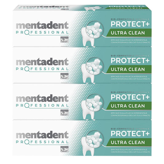 Mentadent Professional Protect+ Ultra Clean Dentifricio Rimuovi Placca Remineralizzante con Minerali Biocompatibili e Microgranuli - 4 Flaconi da 75ml